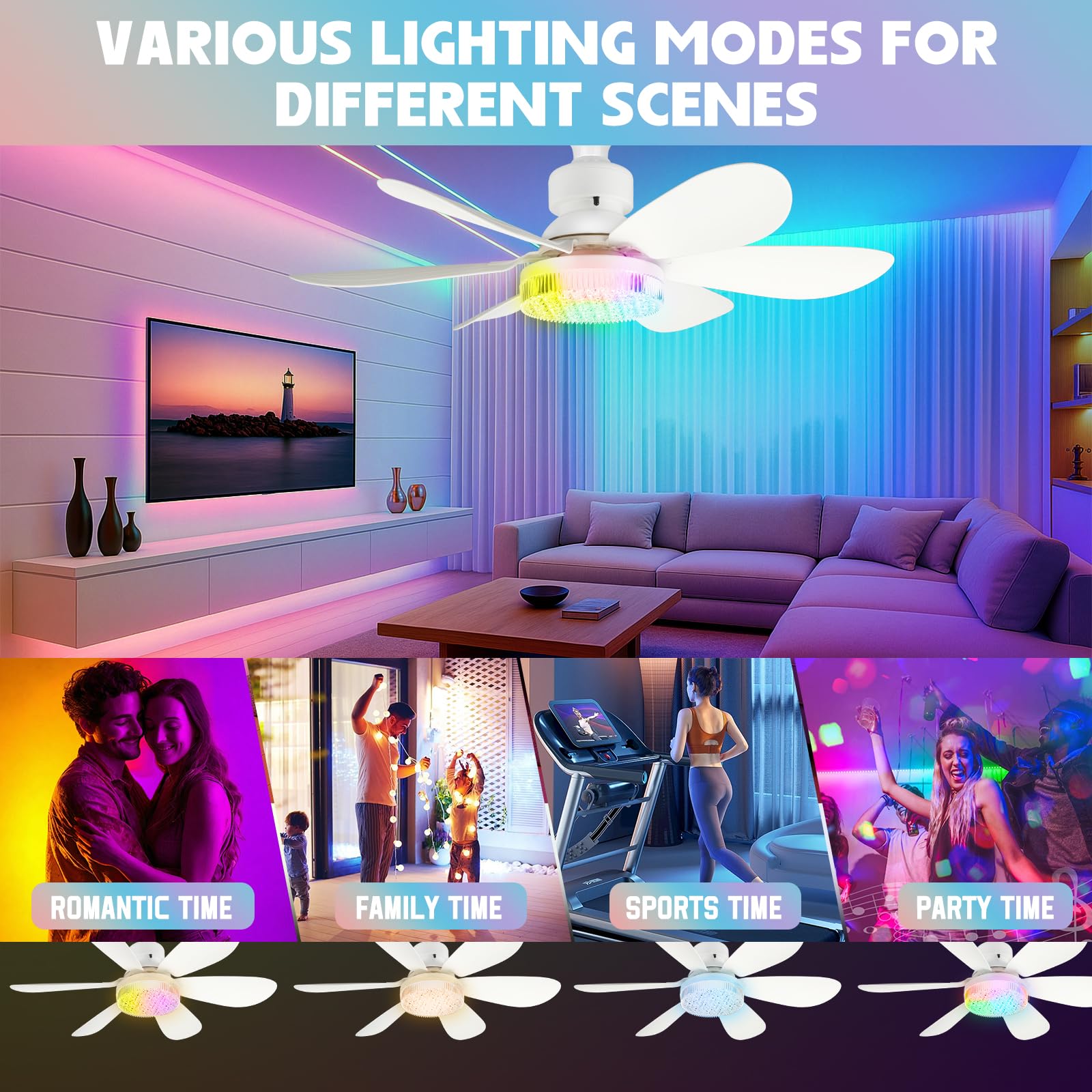 ConBlom Ventilatore da soffitto con lampada E27 e telecomando, 40 W, copertura in cristallo RGB, dimmerabile, silenzioso, 6 pale, per camera da letto, soggiorno, cucina