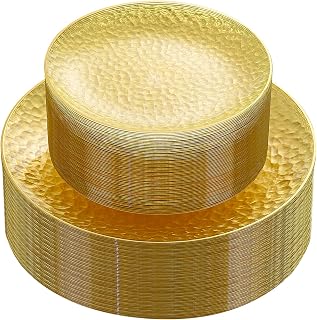 Rubtlamp 60Pcs Yellow Gold Plastic Plates, Yellow Disposable Plates With Gold Rim, Clear Heavy-duty Party Supplies, Hammered Plastic Plates Include 30 Dessert Platos, 30 Dinner Platos for Party