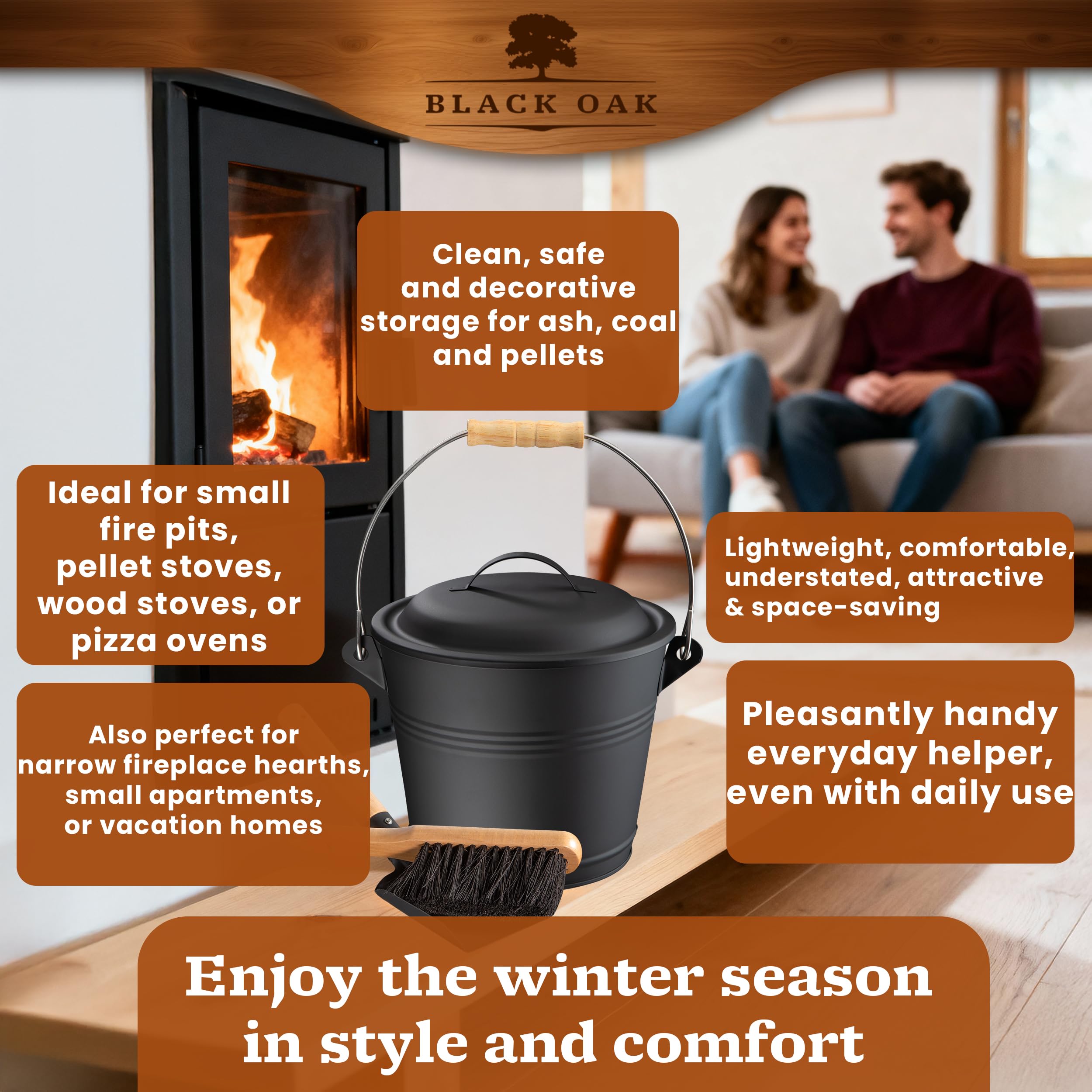 BLACK OAK Secchio per cenere da 1,5 litri, nero con coperchio con manico in legno + spazzola, pala e guanti, 5 l, grande secchio in acciaio zincato a prova di fuoco e verniciato a polvere, pellet per