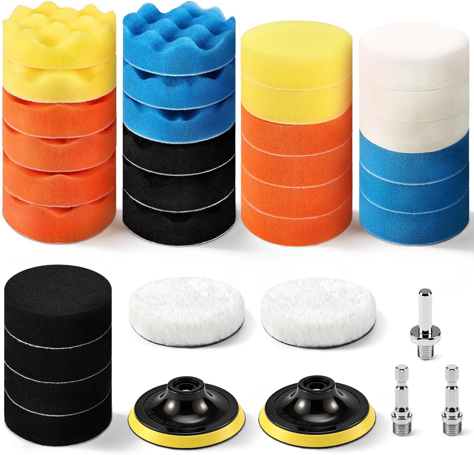 GOH DODD 33 Pieces 4 Inch Buffing Polishing Pads, Car Foam Drill Polishing Pad Kit Sponge Pads Buffer Polisher Kit Headlight Restoration Kit with Wool Pads for Car Polishing, Waxing and Cleaning