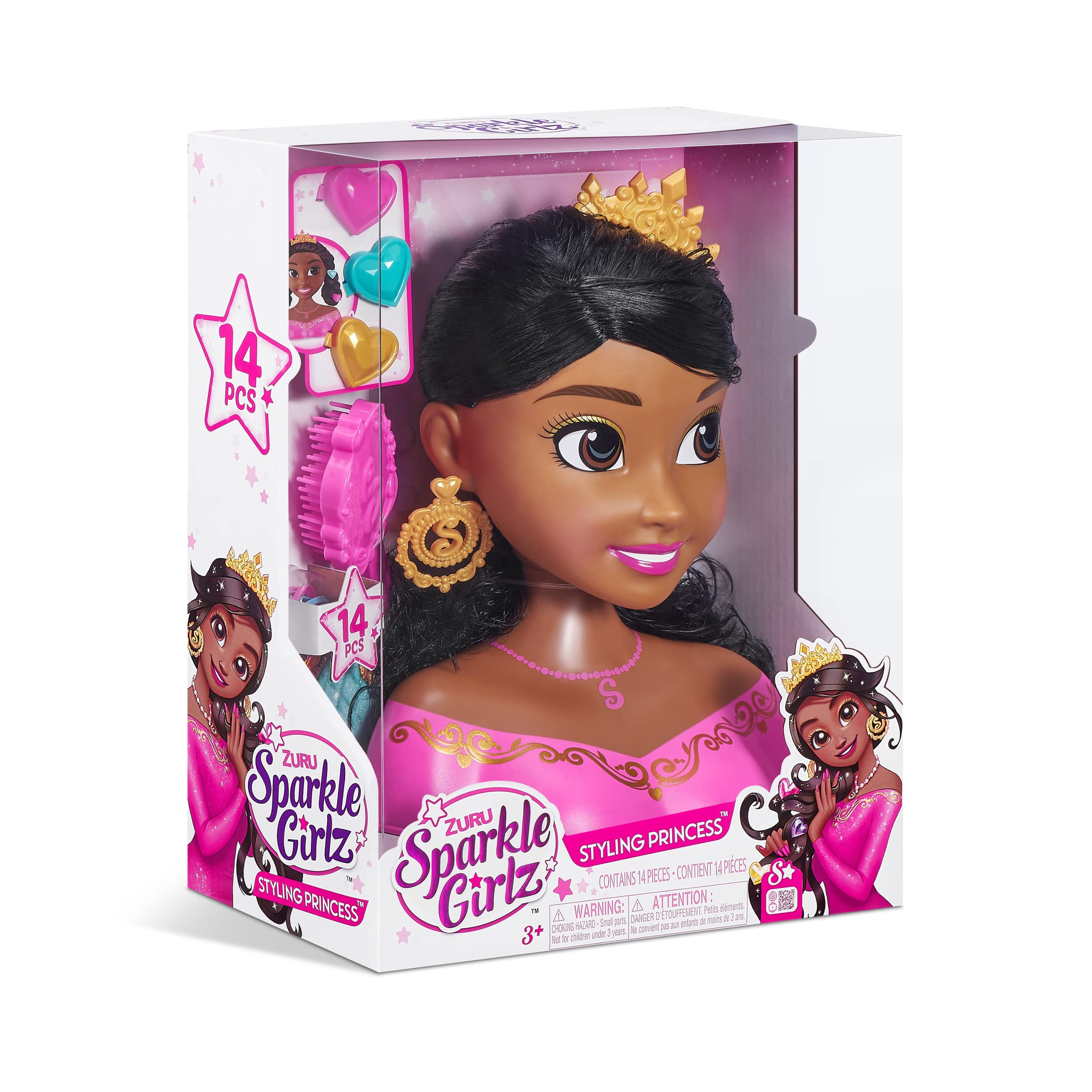 ZURU - Sparkle Girlz - Tête à coiffer et Accessoires - Brune - Une tête à coiffer de Princesse au Look Glamour - A partir de 3 Ans - 100499