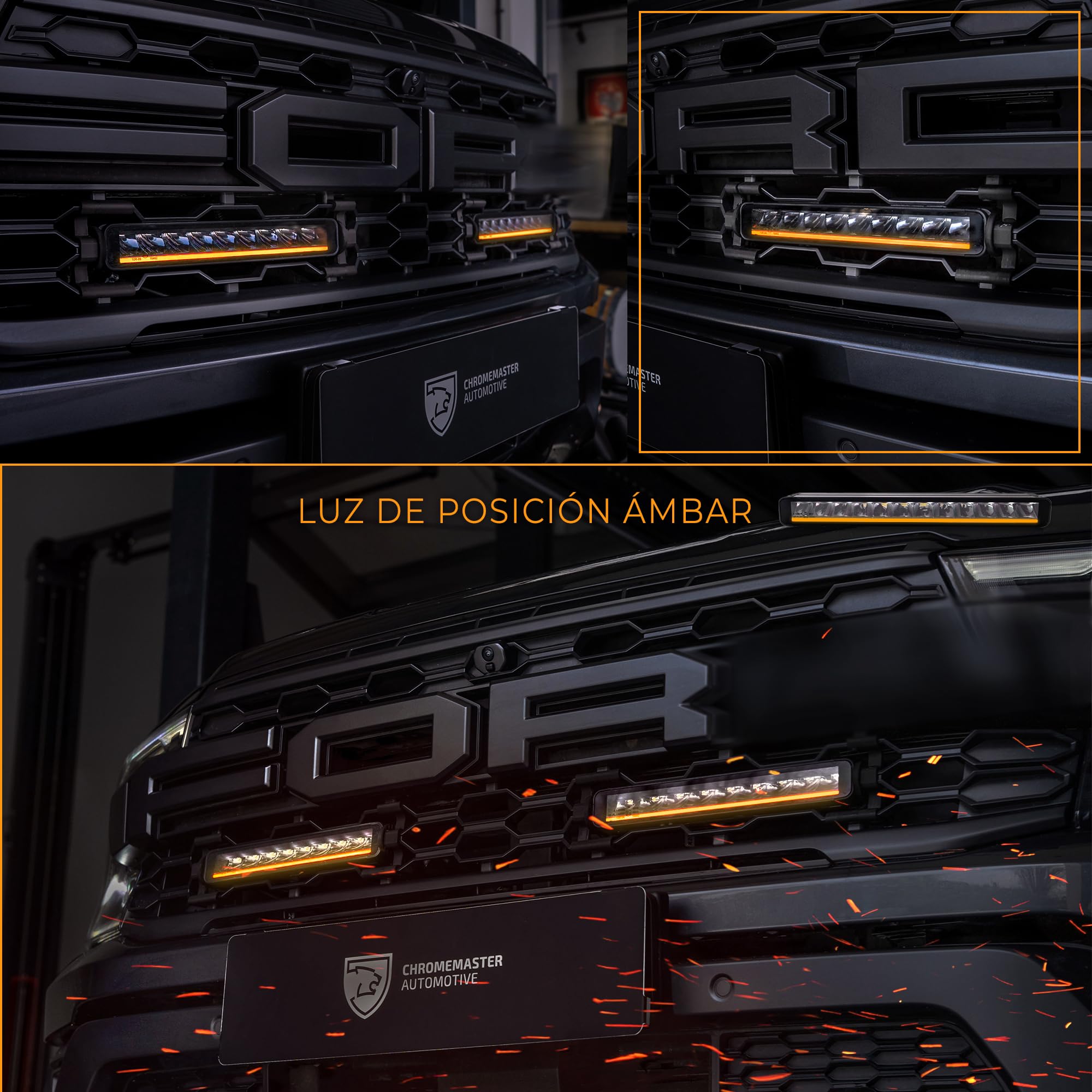 CHROMEMASTER | Luces LED en la Parrilla del Vehículo Compatibles con Ford Ranger Raptor 2022+ ; 2x Luces Diurnas LED BAR BLACK SERIES 11,2" IP69K, Homologación E, 12–24V; 3 Modos de Iluminación