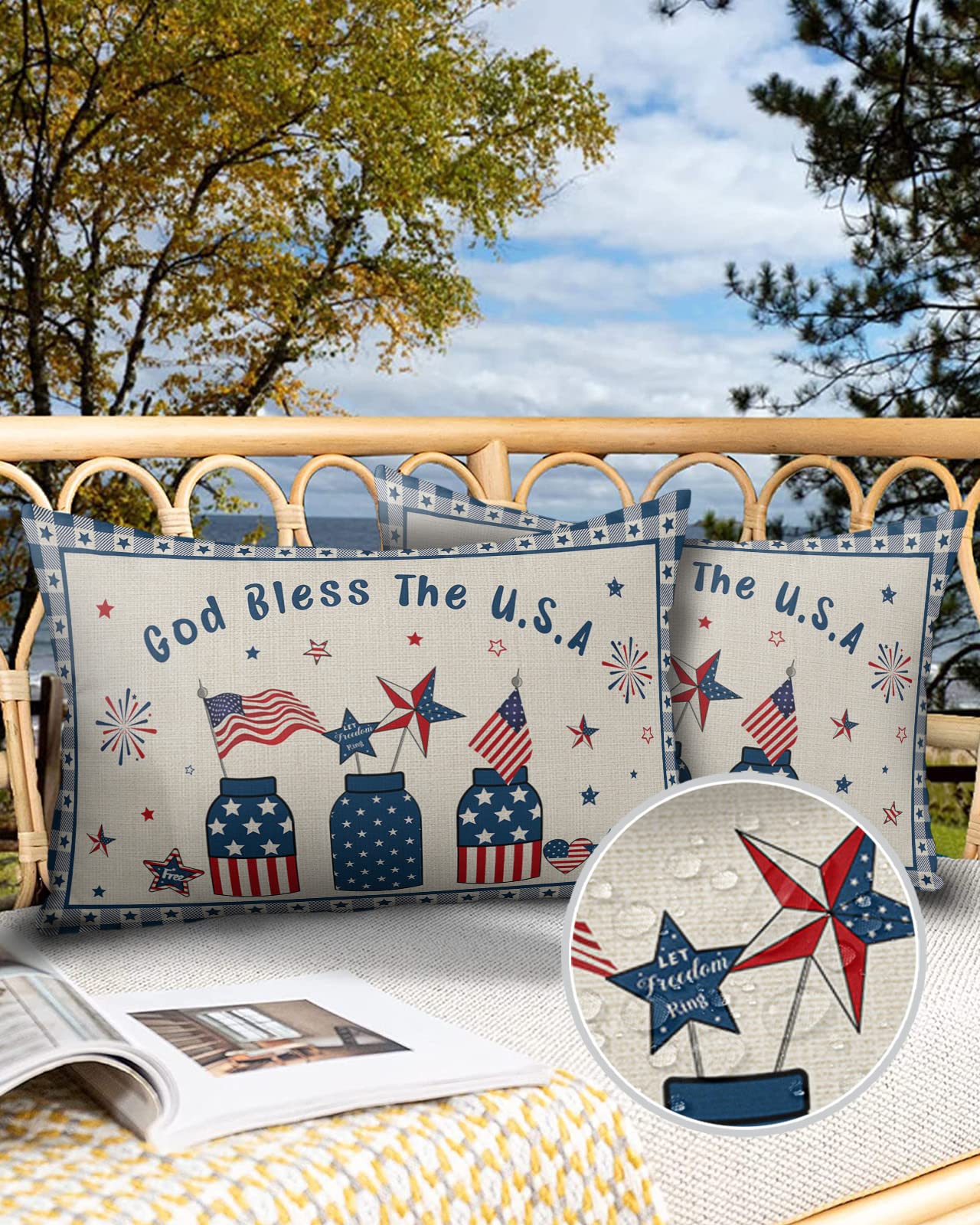 Outdoor Pillows Waterproof Pillow Covers Set of 2 July 4th Stars American Flag Polyester Throw Pillow Covers Garden Cushion Case for Patio Funiture Sofa Decoration 20x12inch Memorial Day Stars