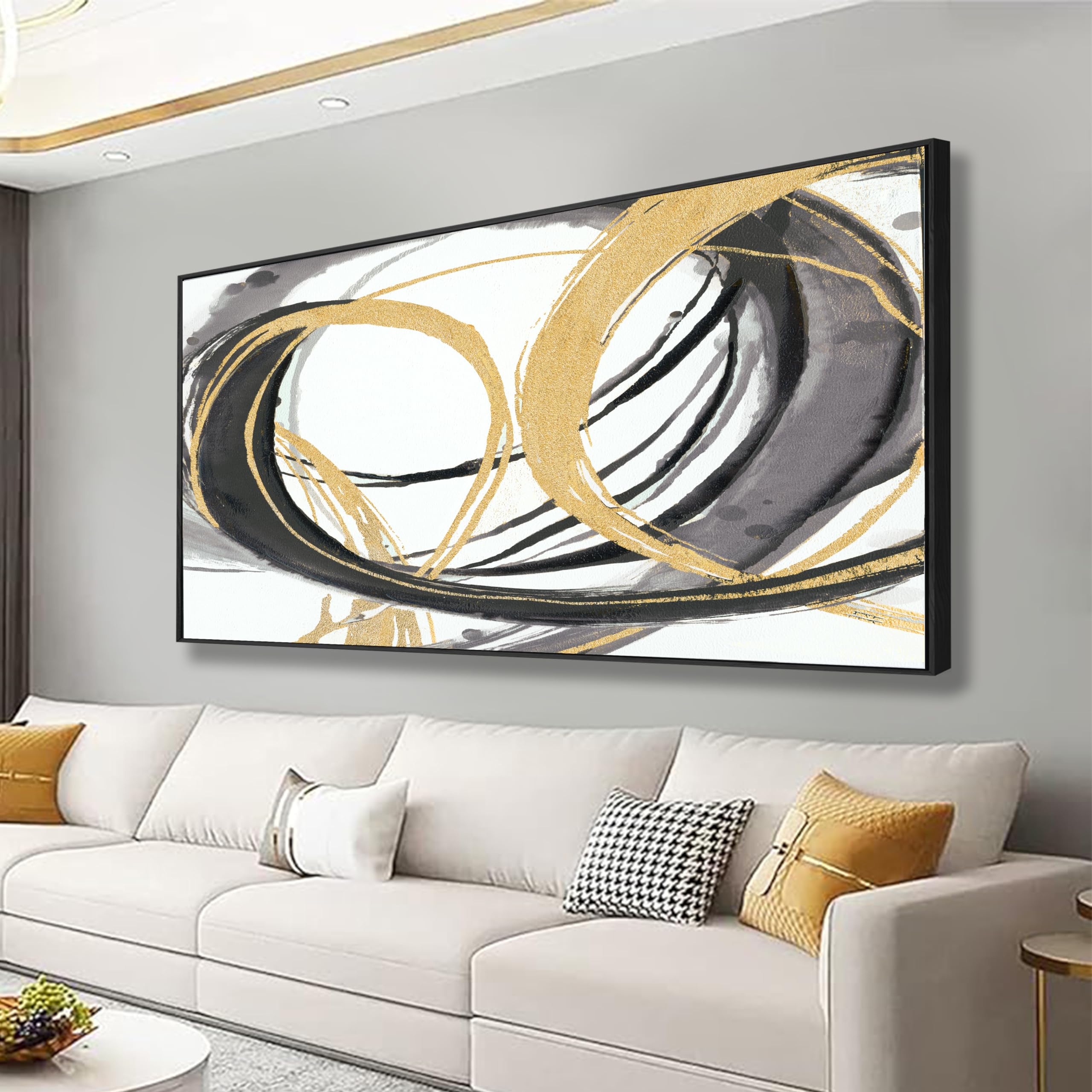 Framed Wall Art Gold And Black Double Line Graffiti In Modern Art Decor Canvas Print Abstract Painting Picture Artwork Framed For Living Room Bedroom Living Room And Office Wall Decor 29x58 Inch