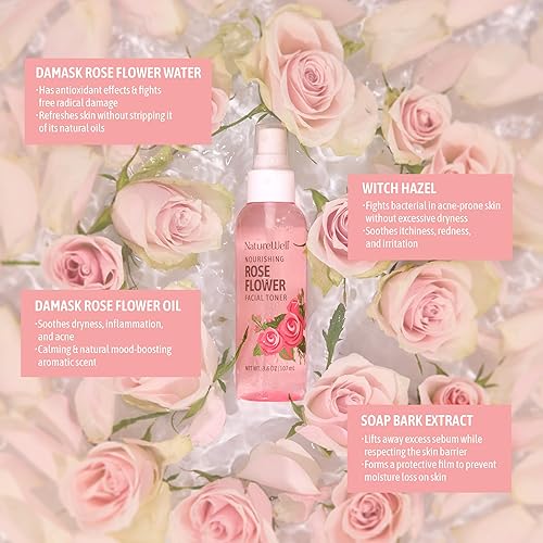 Miniatura 3 de NATURE WELL Rose Water - Tóner facial hidratante para piel húmeda y radiante, refrescante, acondicionador, calmante, hidratante, perfecto para