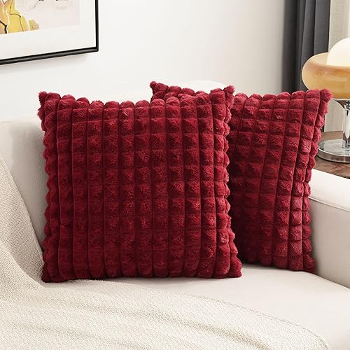 Juego de 2 fundas de almohada decorativas burdeos de 20 x 20 pulgadas, fundas de cojín cuadradas color rojo vino, a cuadros de piel sintética