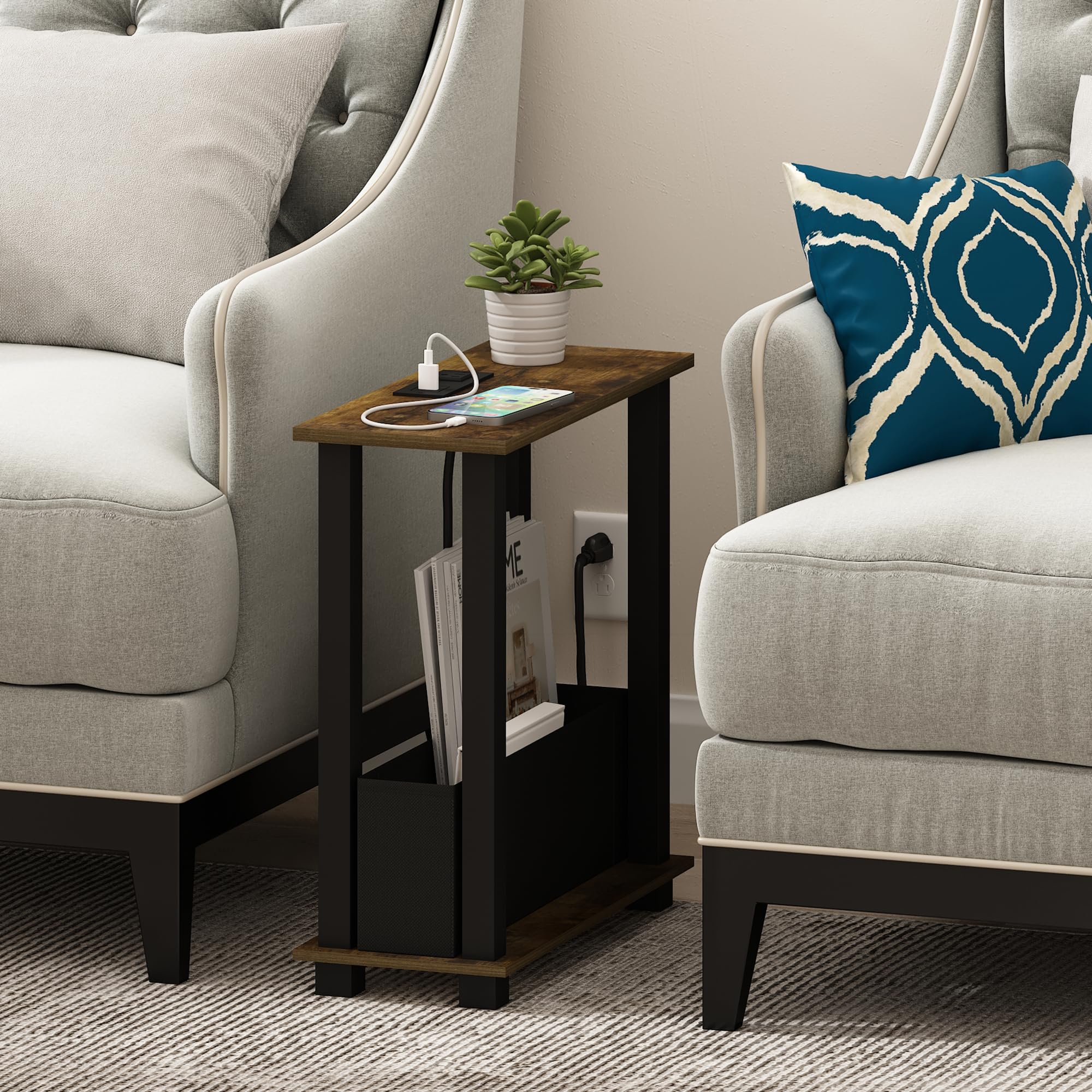 Furinno Turn-S-Tube - Tavolino sottile a 2 ripiani con stazione di ricarica e contenitori portaoggetti, comodino, comodino con porta USB e ricarica di tipo C, per soggiorno, camera da letto, rovere