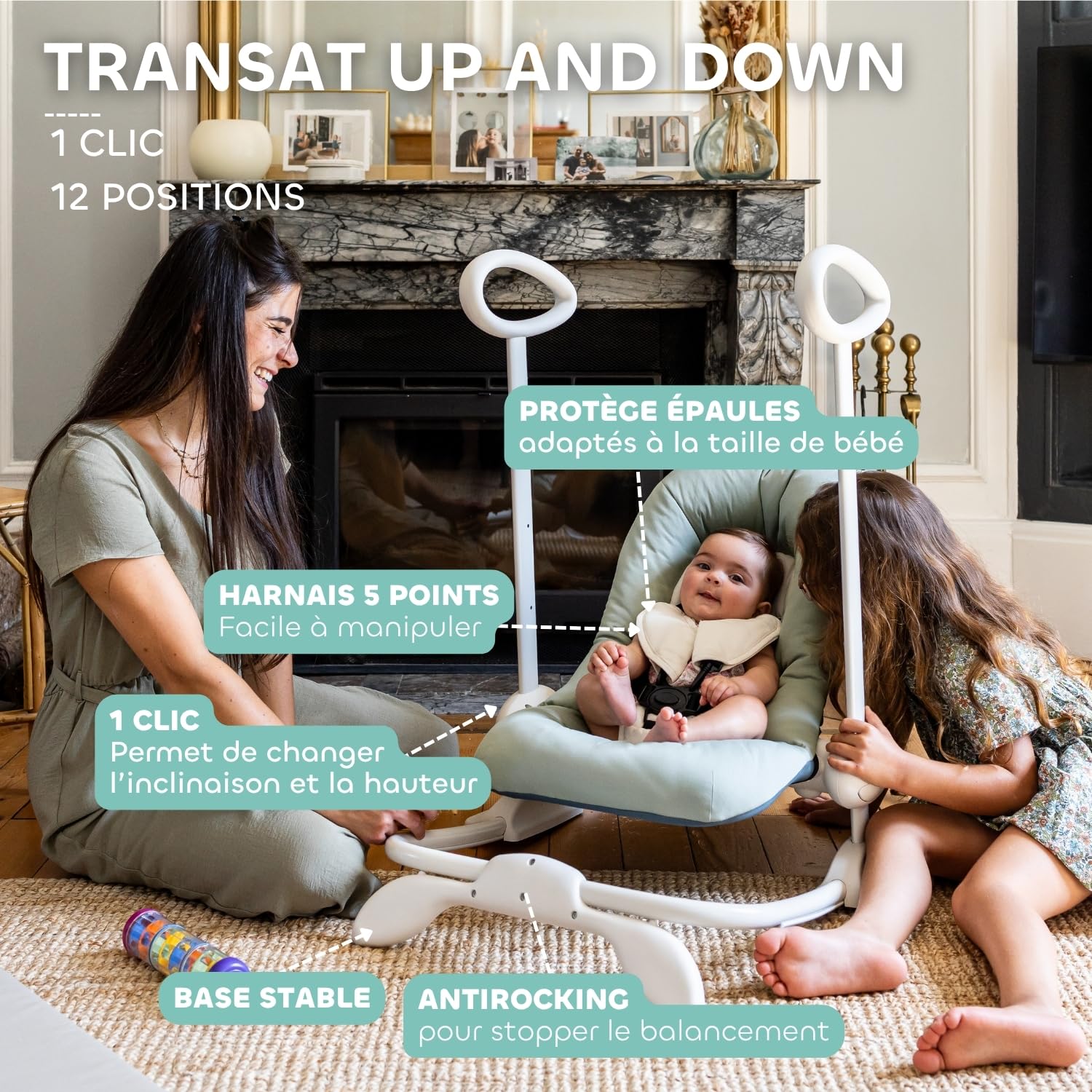 BÉABA, Transat Up & Down, Réglable 4 Hauteurs, 3 Inclinaisons, Vert de gris