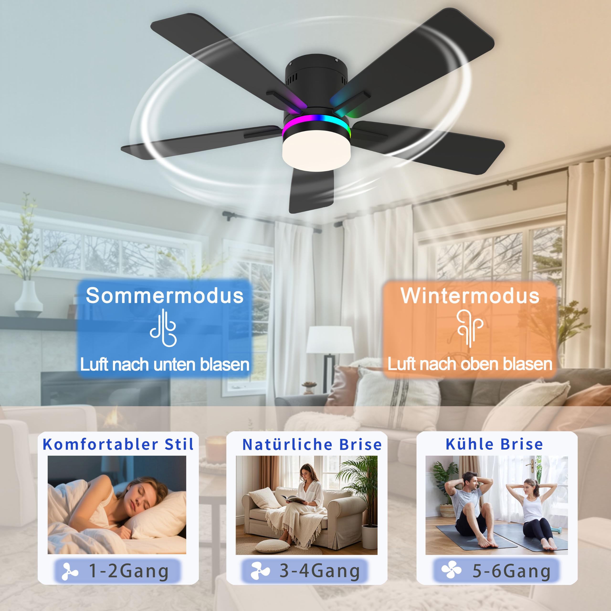 106cm RGB Deckenventilator mit Beleuchtung Leiser DC-Motor für Schlafzimmer | Fernbedienbar und App, Dimmbare LED, 6 Gänge,Timer, Doppelseitige Flügel Winter- und Sommermodus, für Wohnzimmer