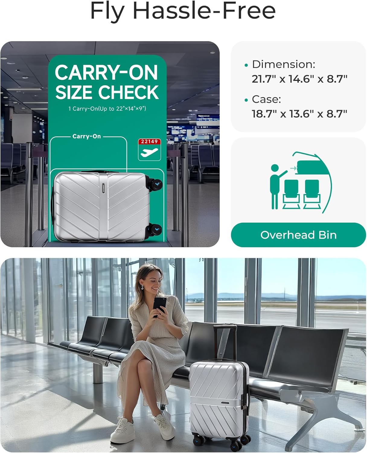 BAGSMART Carry On Luggage 22x14x9 Airline Approved With TSA Lock, 1OO% Polycarbonate Hardside Luggage with Spinner Wheels,Durable Hard Shell Carry On Suitcase 20 inch Silver