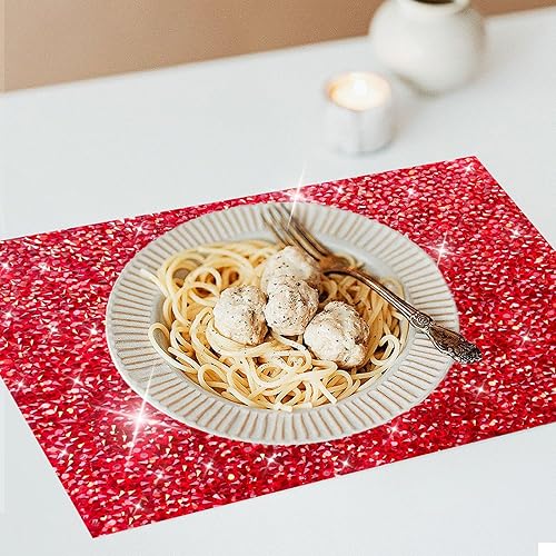 Miniatura 7 de Juego de 2 manteles individuales rojos, resistentes al calor, cuadrados, salvamanteles rojos, diamantes de imitación, decoración de diamantes