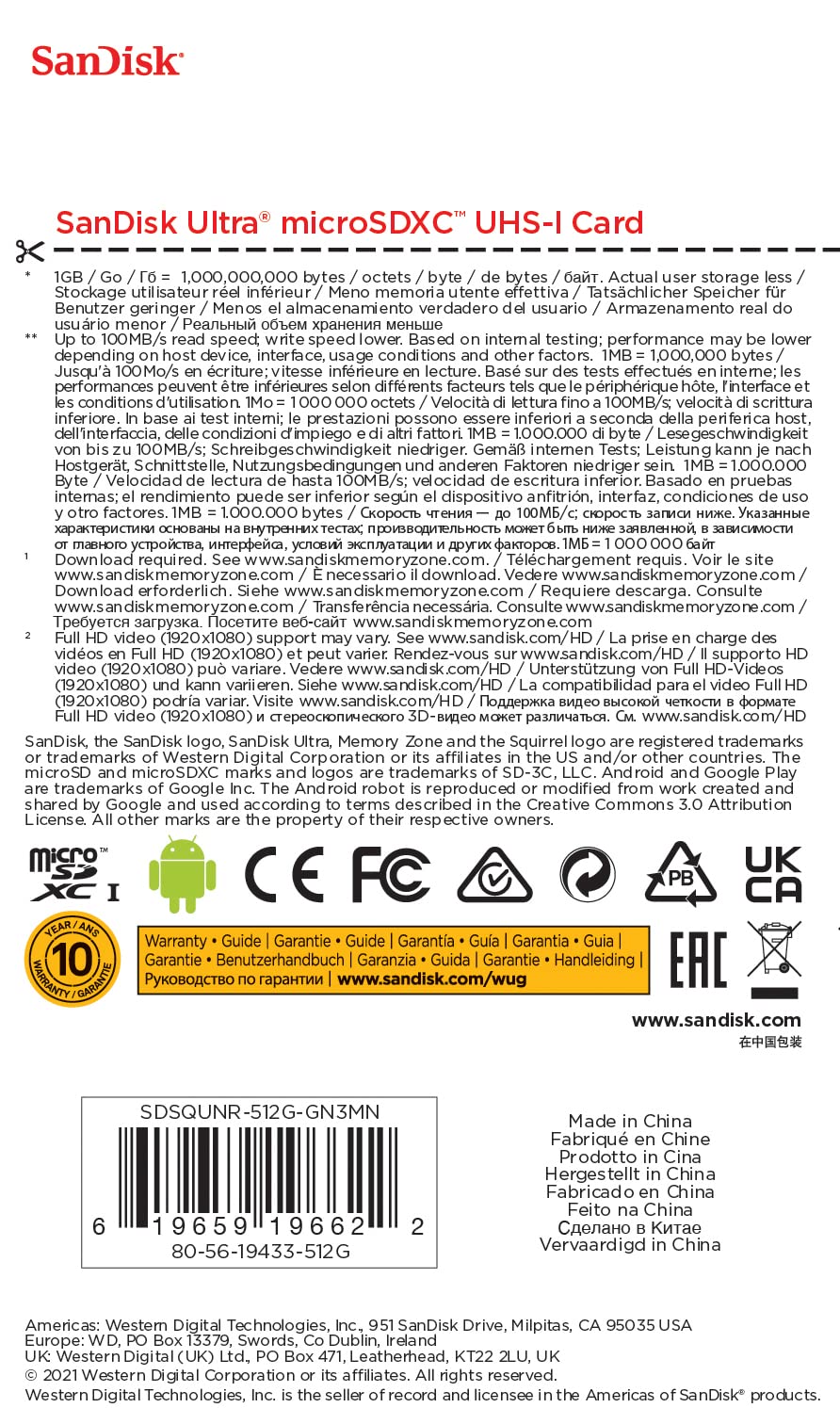 SanDisk Ultra microSDXC 512GB + SD Adapter 100MB/s Class 10 UHS-I- Tablet Packaging
