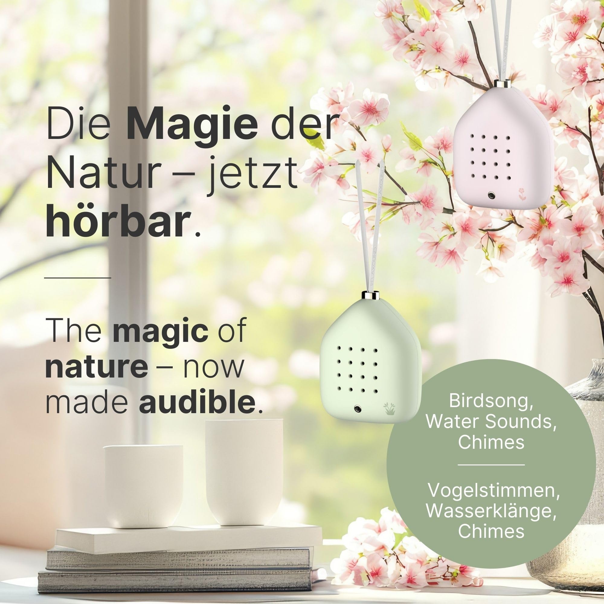 RELAXOUND Lily Bells – Dekorativer Klanghänger mit Bewegungsmelder, sanftes Vogelgezwitscher, Chimes & Wasserklänge – Entspannung für Zuhause, stilvolle Geschenkidee - Mossling - Grün (Pastell-Grün)