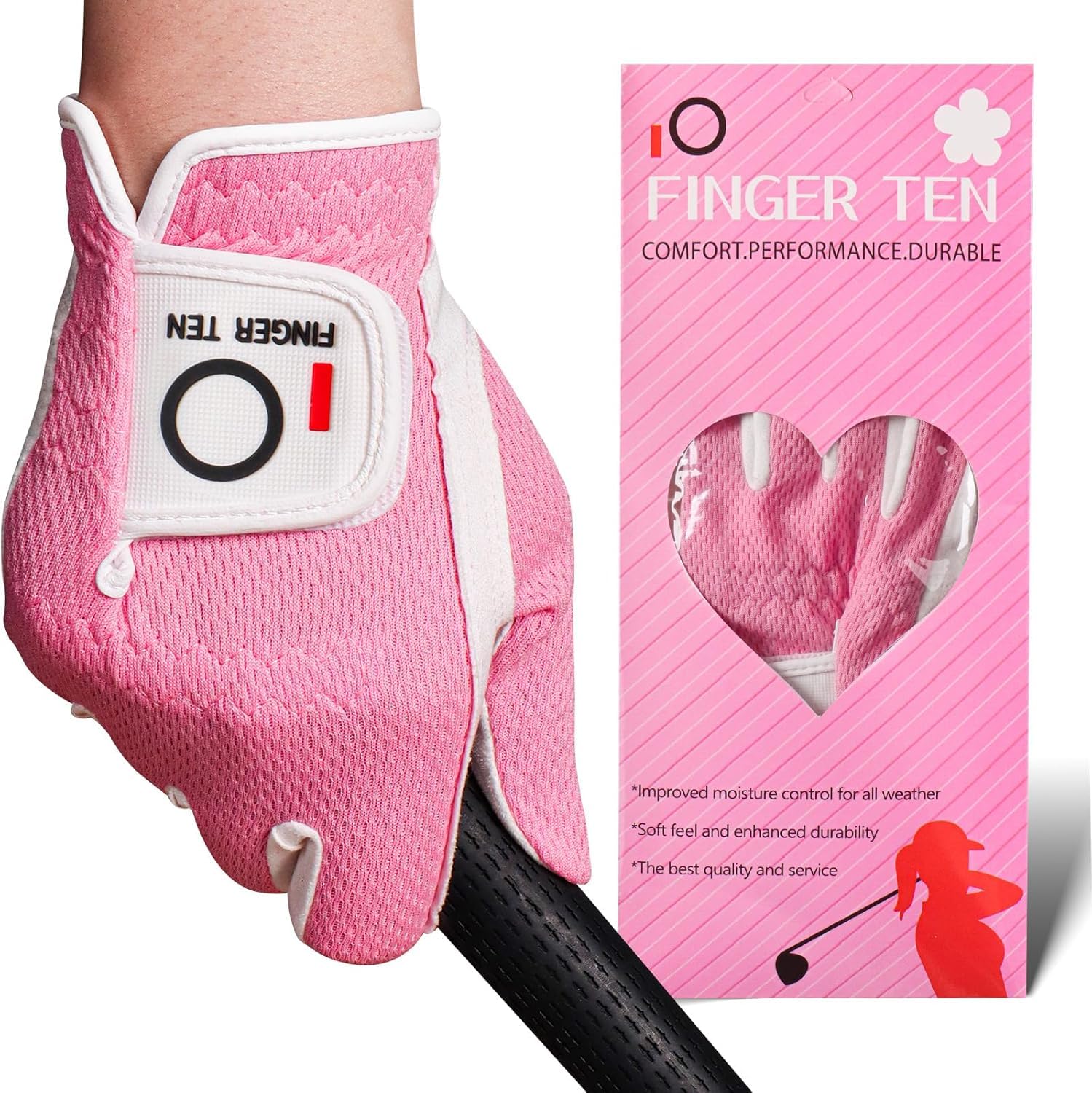 FINGER TEN Golf Gloves Women Left Hand Right Microfiber All Weather Grip Rain Hot Wet Value Pack, Ladies Golf Gloves Soft Flexible Durable Wear Resistance Good Grip (Rose, L, Right)