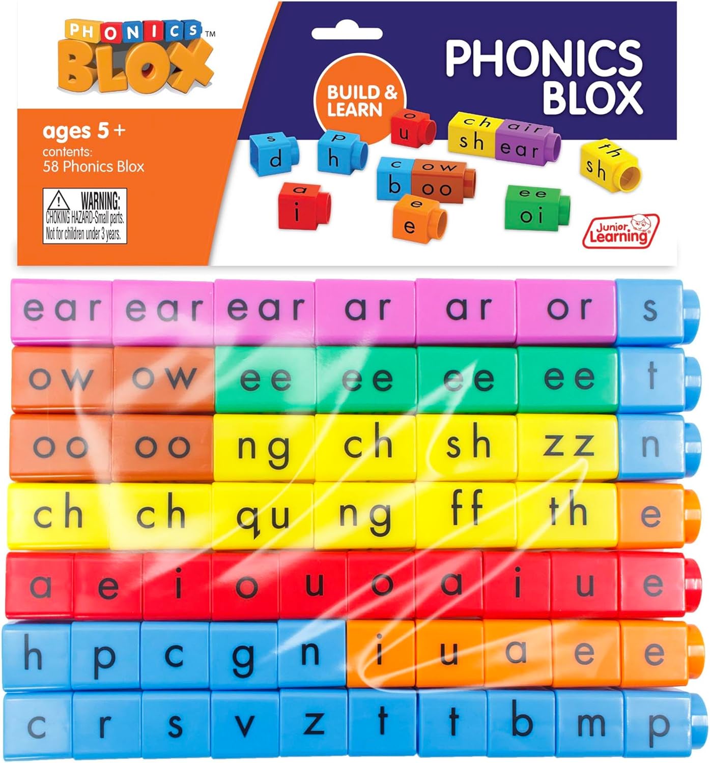 Junior Learning: Rainbow Phonics - Phonics Blox Set - 58 Color-Coded Blocks, Children's Build & Learn Set, Letter & Word Decoding, Phonemic Awareness