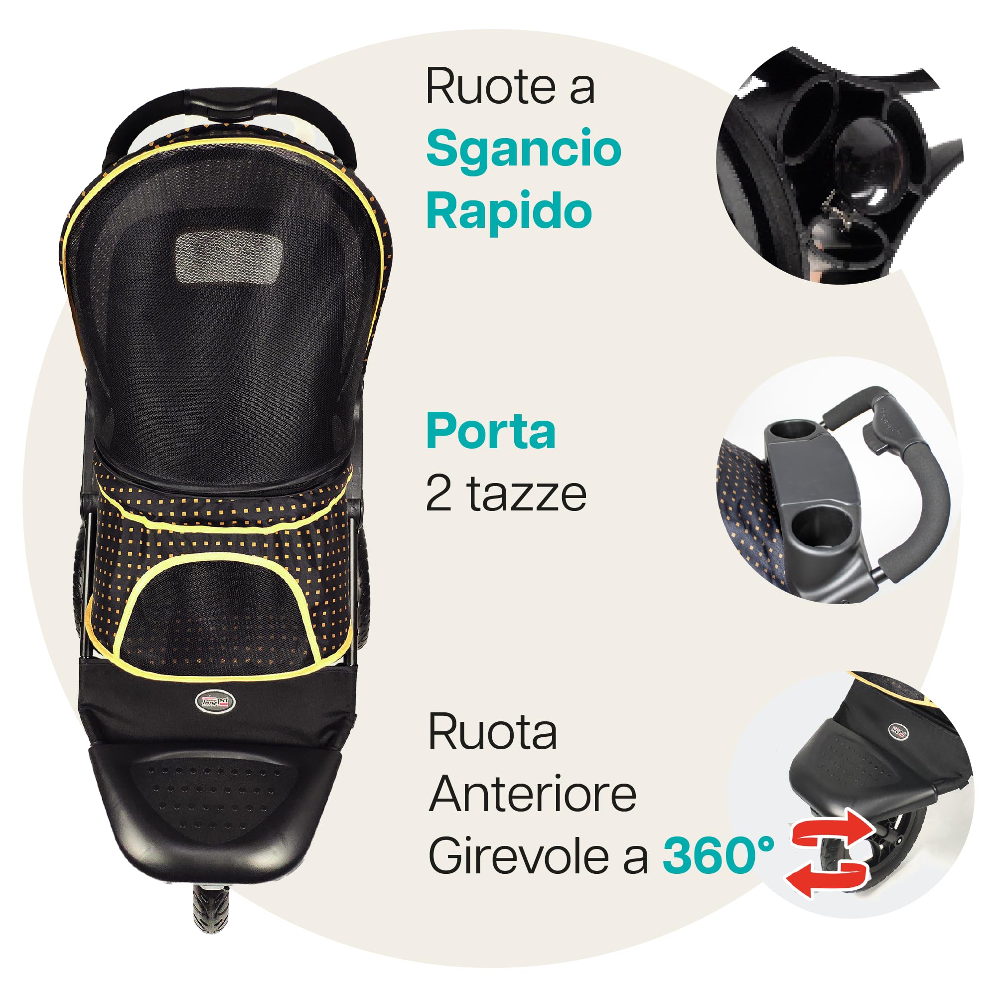 Passeggino Innopet Adventure per cani e gatti, nero/giallo - Passeggino fuoristrada Capacità 30 kg - Ruote antiforatura - Chiusura con una sola mano - Portabicchieri e ampio vano portaoggetti
