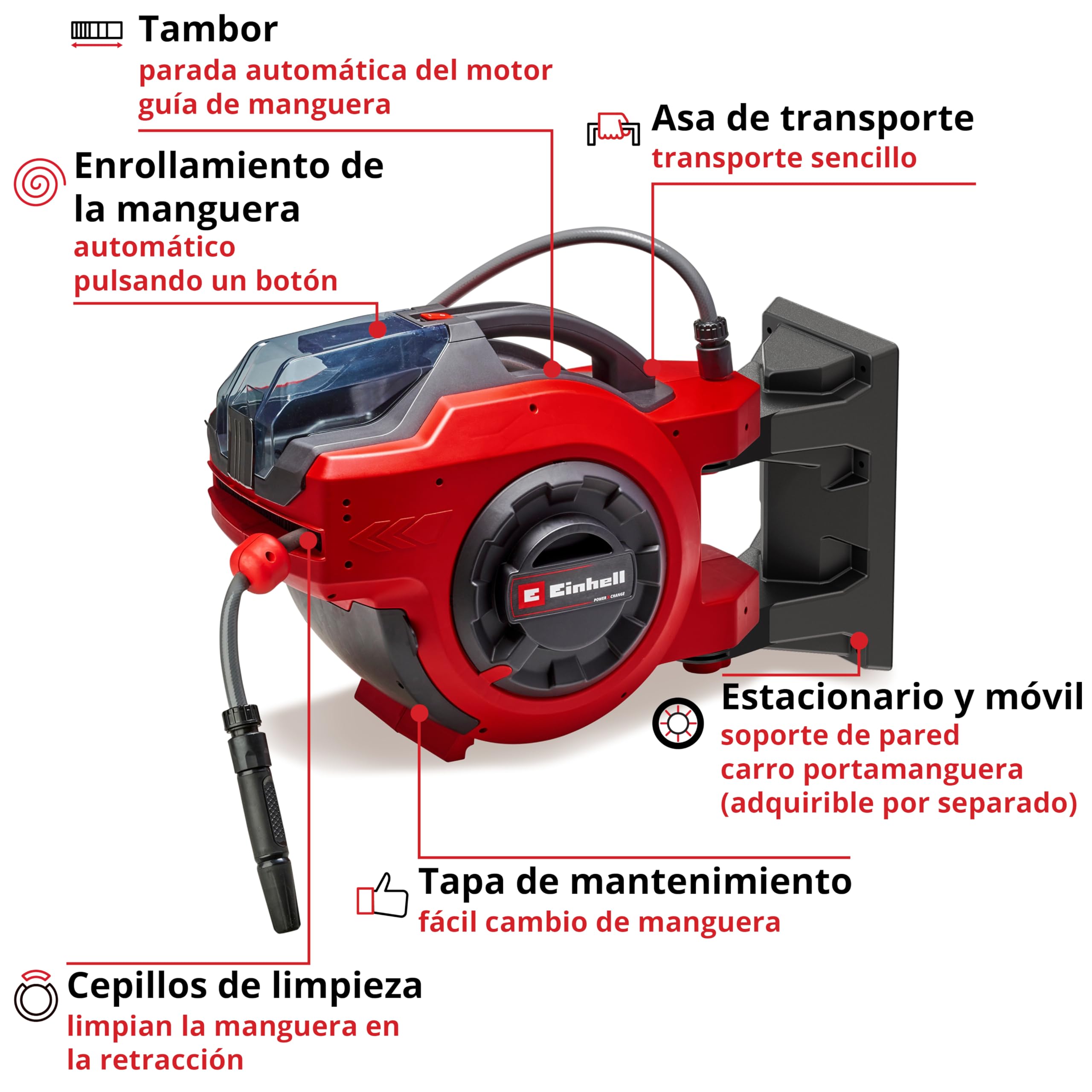 Einhell Tambor de manguera con batería GE-HR 18/30 Li-Solo Power X-Change (18 V, enrollado automático de manguera, pivotable hasta 180°, manguera y rociador de jardín de 30 m, sin batería)
