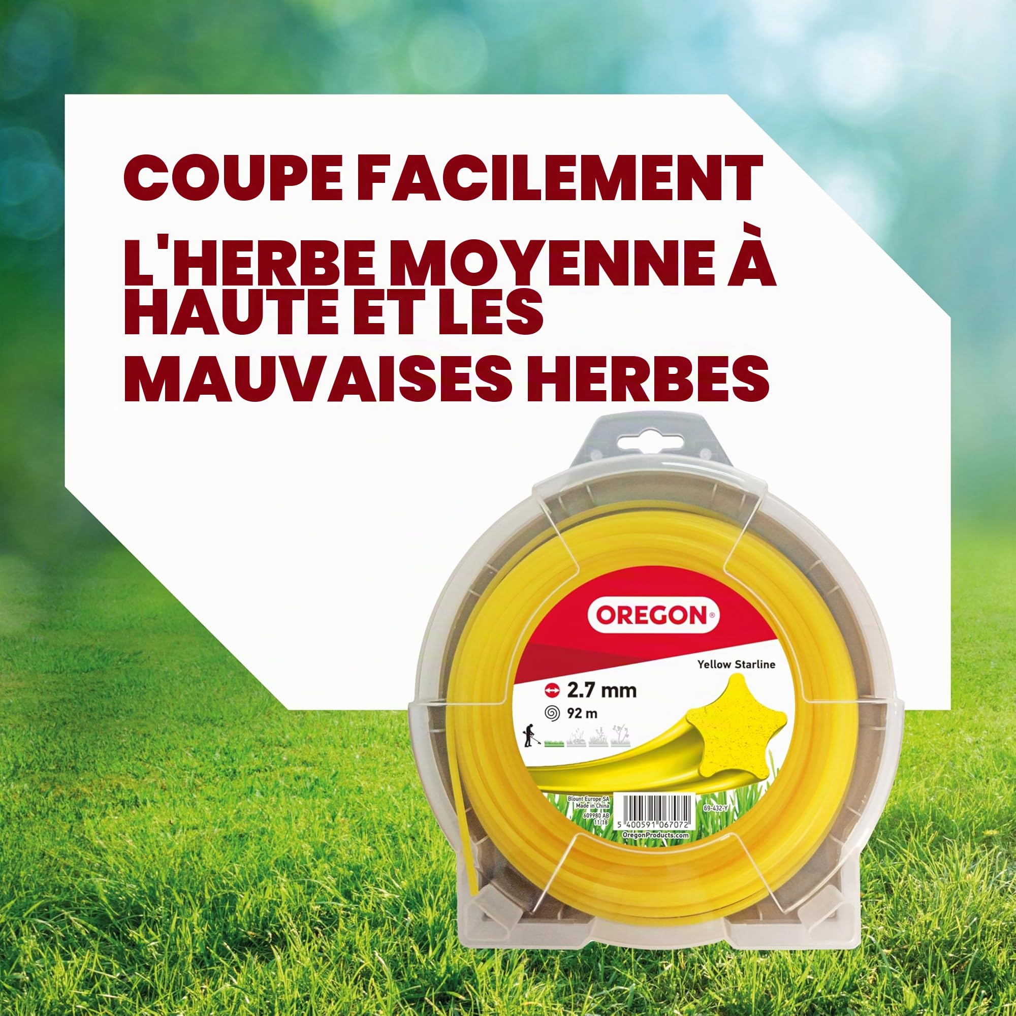 Fil de débroussailleuse Oregon Jaune Étoile 2.7mm, Coupe Herbes Hautes, Mauvaises Herbes, végétation Dense, Fil Nylon Haute résistance, Compatible avec modèles Standards, 2.7mm x 92m (69-432-Y)