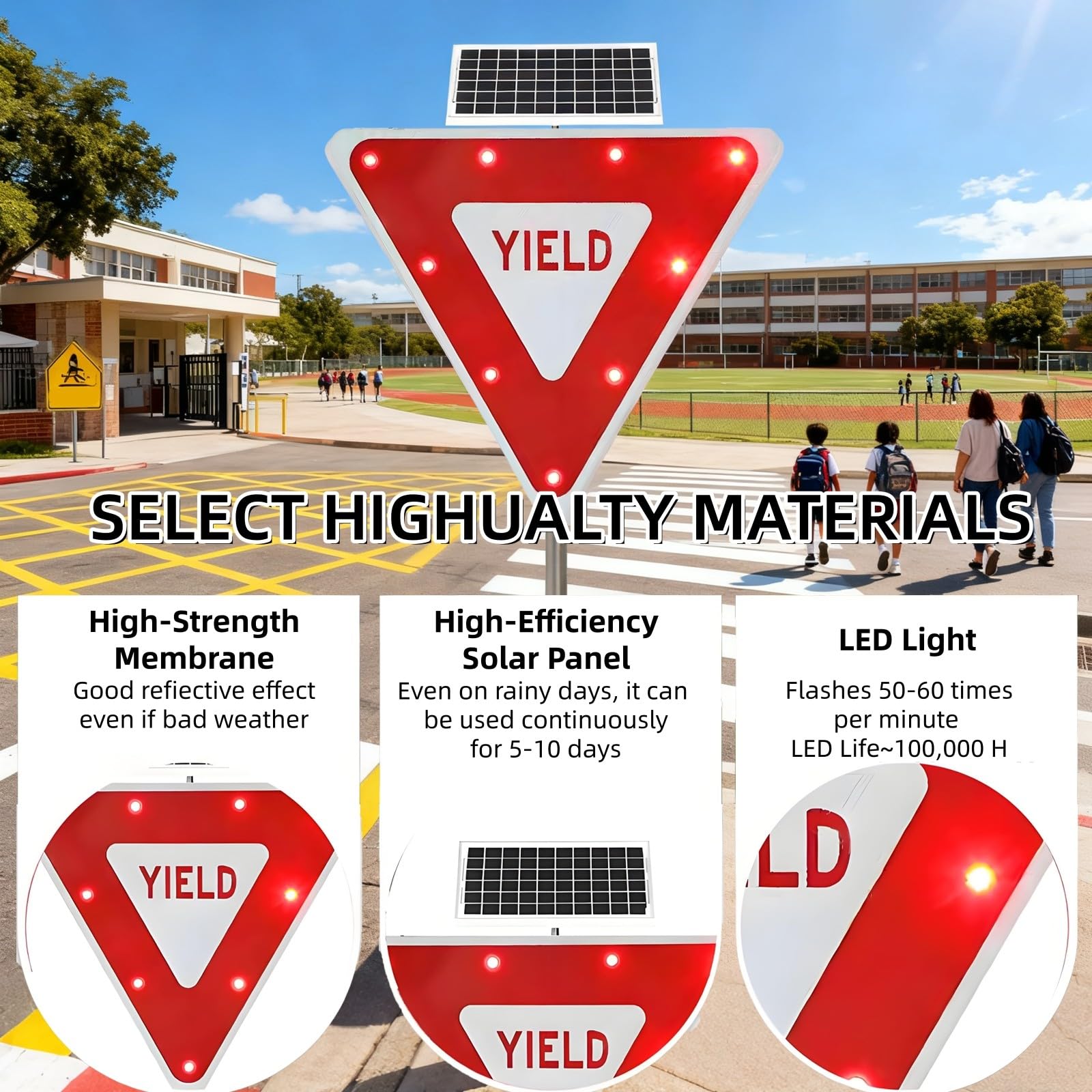 Señal de Ceda el Paso 76 cm - Señal de Tráfico Triángulo Invertido LED, Energía Solar, Superficie Roja Reflectante para Fábricas, Estacionamientos y Cruces Peatonales