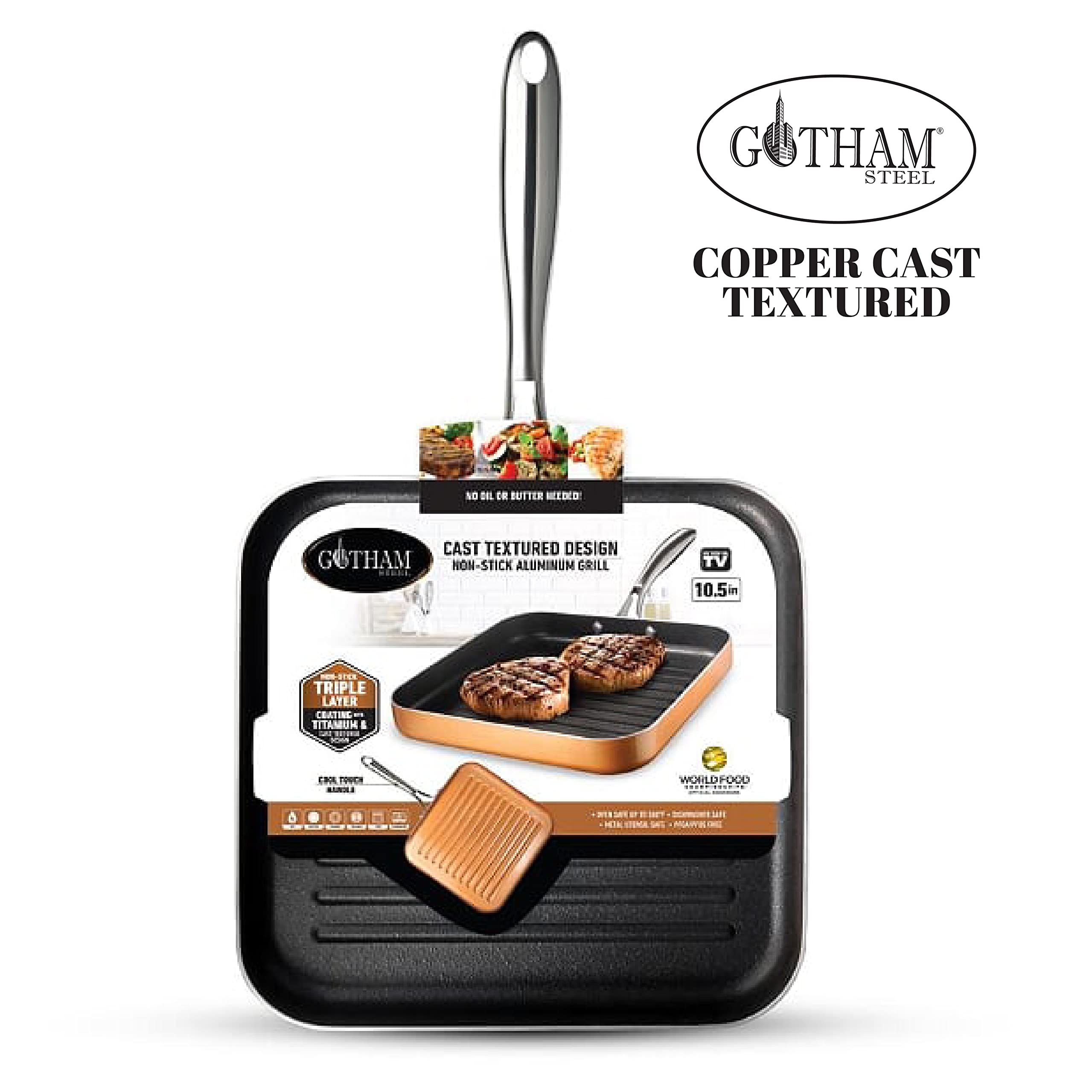Gotham Steel Nonstick Grill Pan for Stovetops with Grill Sear Ridges, Drains Grease, Ultra Durable Coating, Metal Utensil Safe, Stay Cool Stainless-Steel Handle, Oven & Dishwasher Safe, 100% PFOA Free