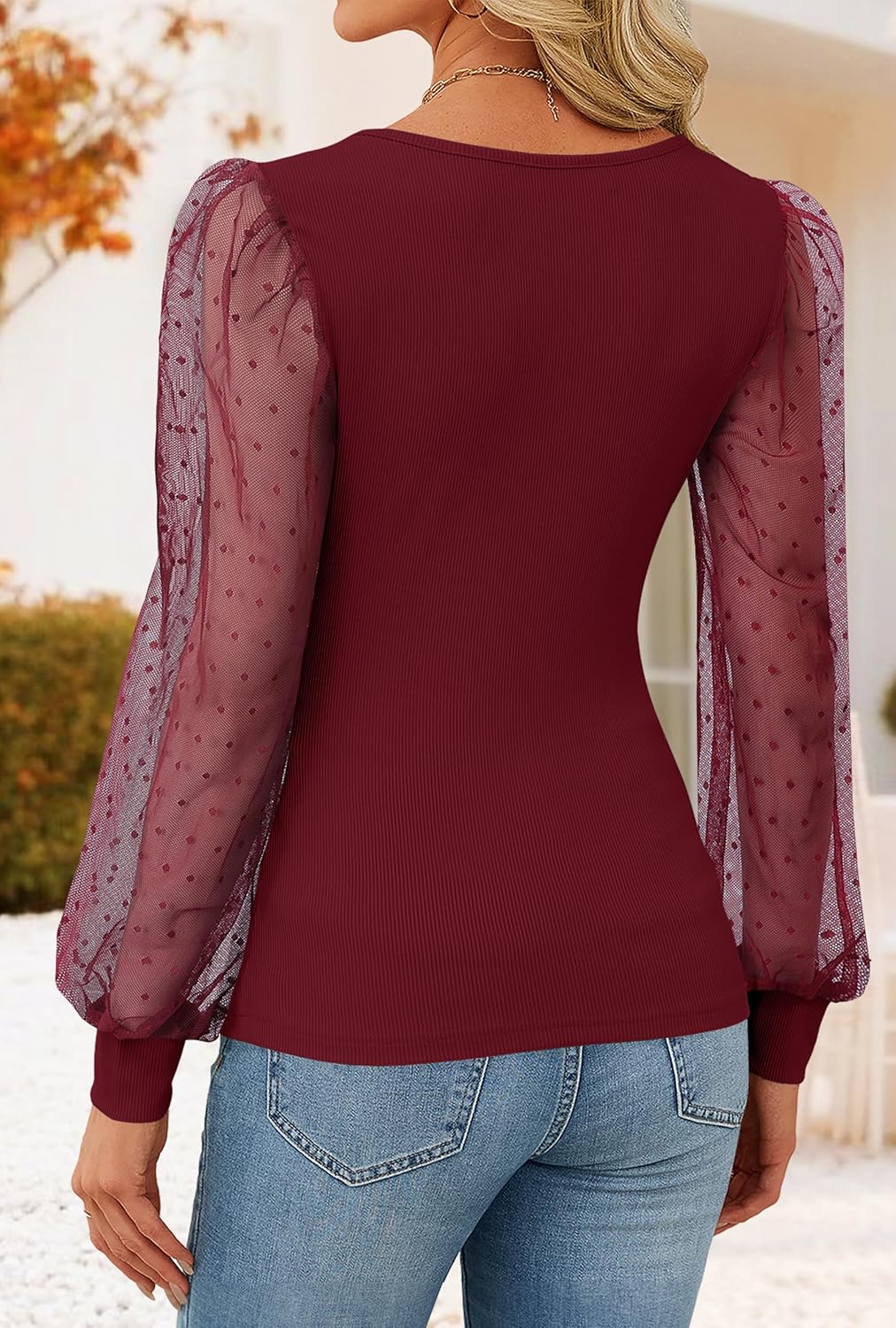 ZESICA Women's Mesh Puff Long Sleeve Shirts 2026 Spring Fall V Neck Ribbed Knit Sexy Going Out Tops Casual Work Blouse - Image 4