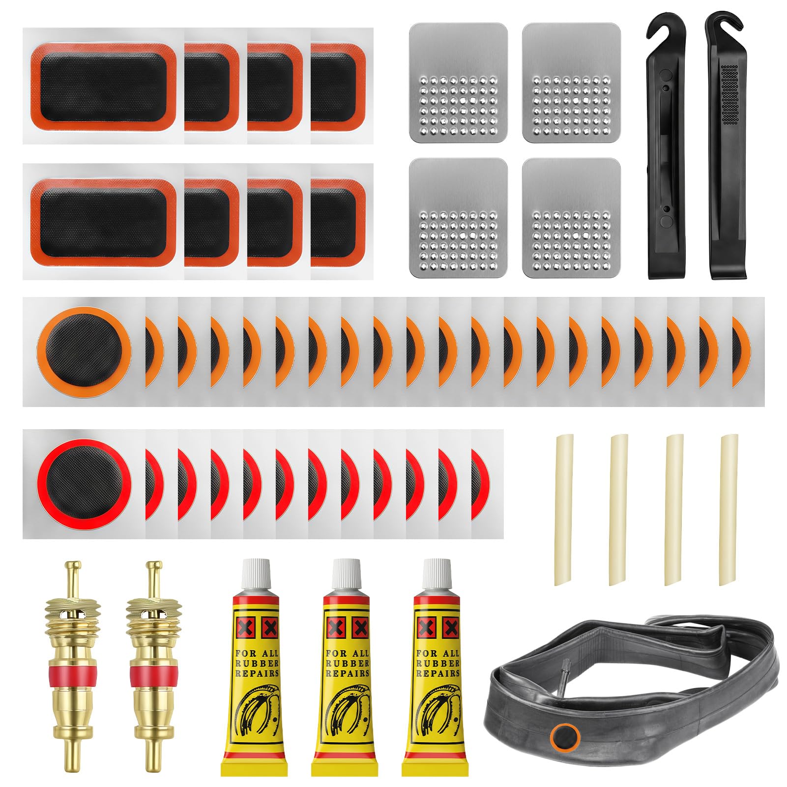 55Pcs Puncture Repair Kit, Self-Adhesive Bike Tyre Patches with Portable Storage Box, Metal Rasp and Sandpaper, Bicycle Tire Repair Tool for Mountain Bikes, Commuter Bikes, Motorcycles and ATVs