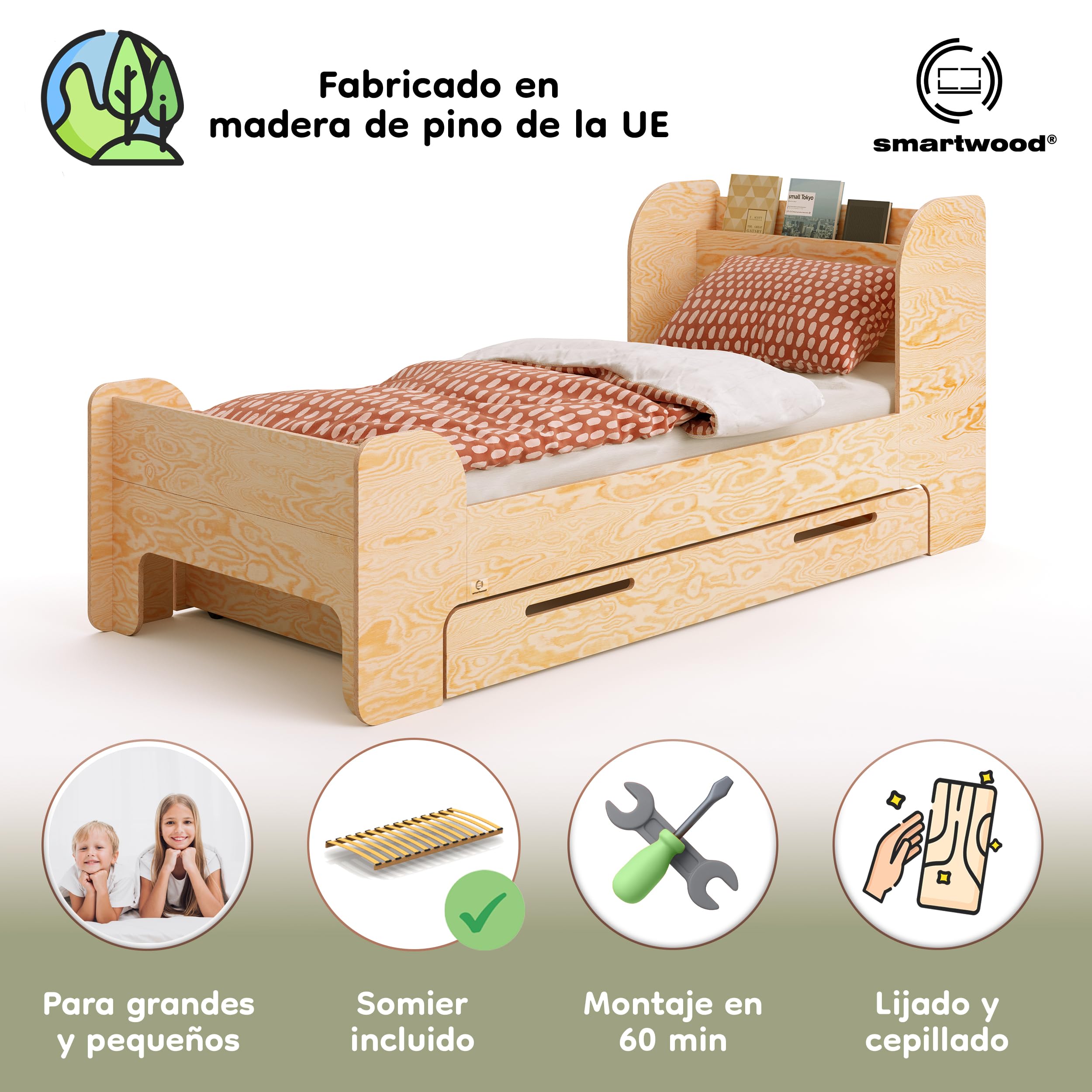 smartwood Cama Infantil 90x190 cm con Cajón, en Madera de Pino, Flou D | incl. Cajón, Cabecero con Estante, Somier hasta 230 kg, en Madera de Pino FSC, Cama Juvenil para Niñas & Niños desde 3 años