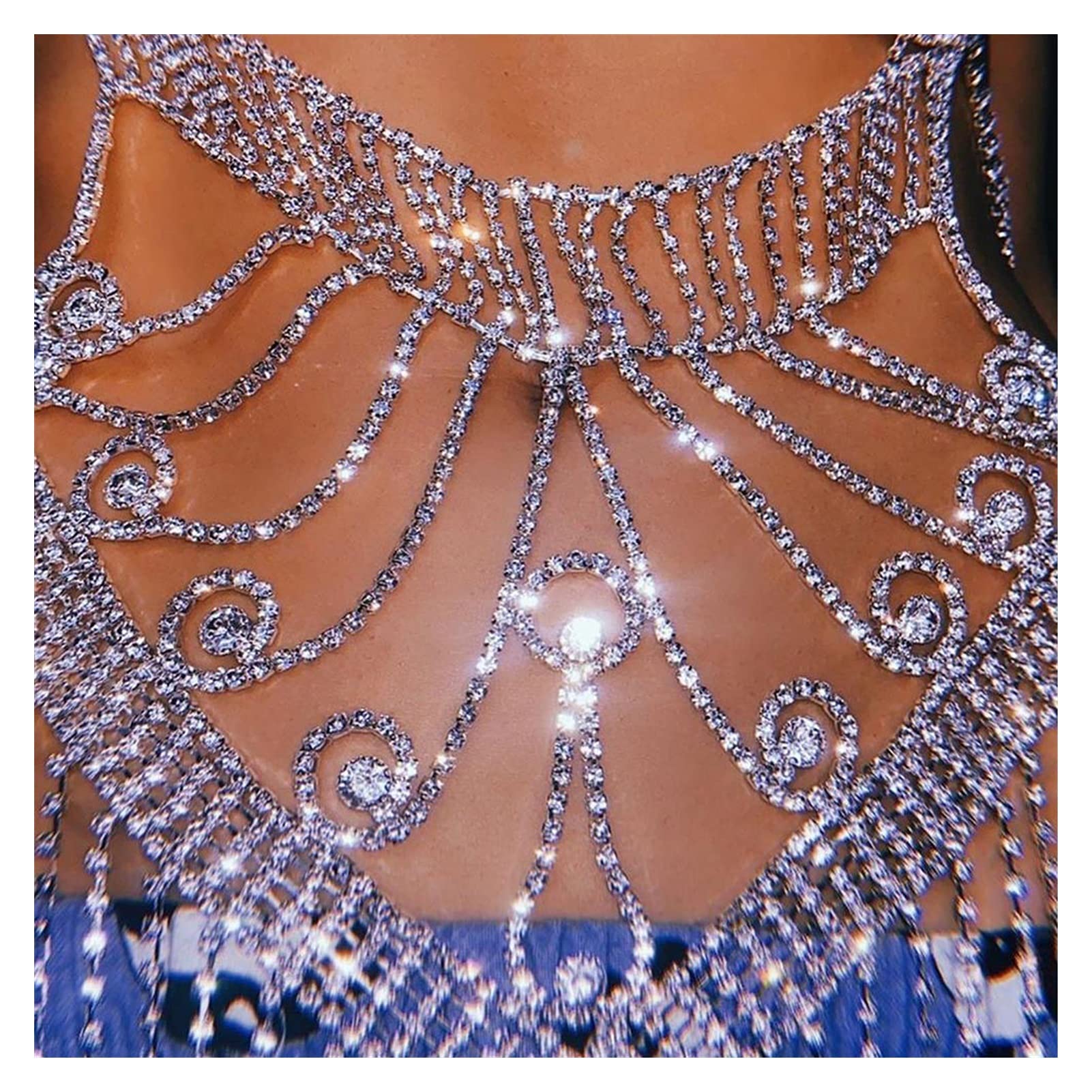 Chaîne de Corps Bijoux Brillants chaîne complète Harnais Cristal Soutien-Gorge Ensemble Gland Strass Body boîte à Bijoux de Corps Cadeau pour Les Femmes (l Couleur : plaqué Argent)