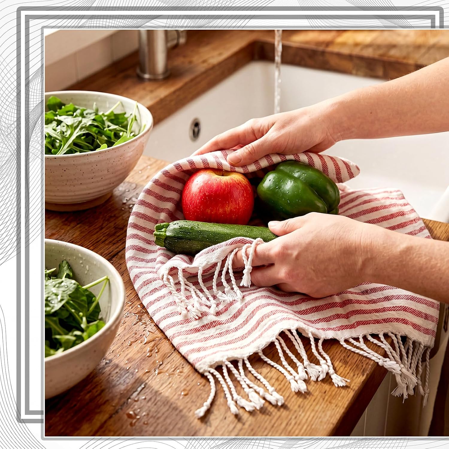 Tingjoo 4 Pcs Turkish Striped Kitchen Towels Set 18 x 28 in Cotton Decorative Tea Towels Striped Absorbent Hand Dish Towel with Tassels for Home Bathroom Cooking Dining
