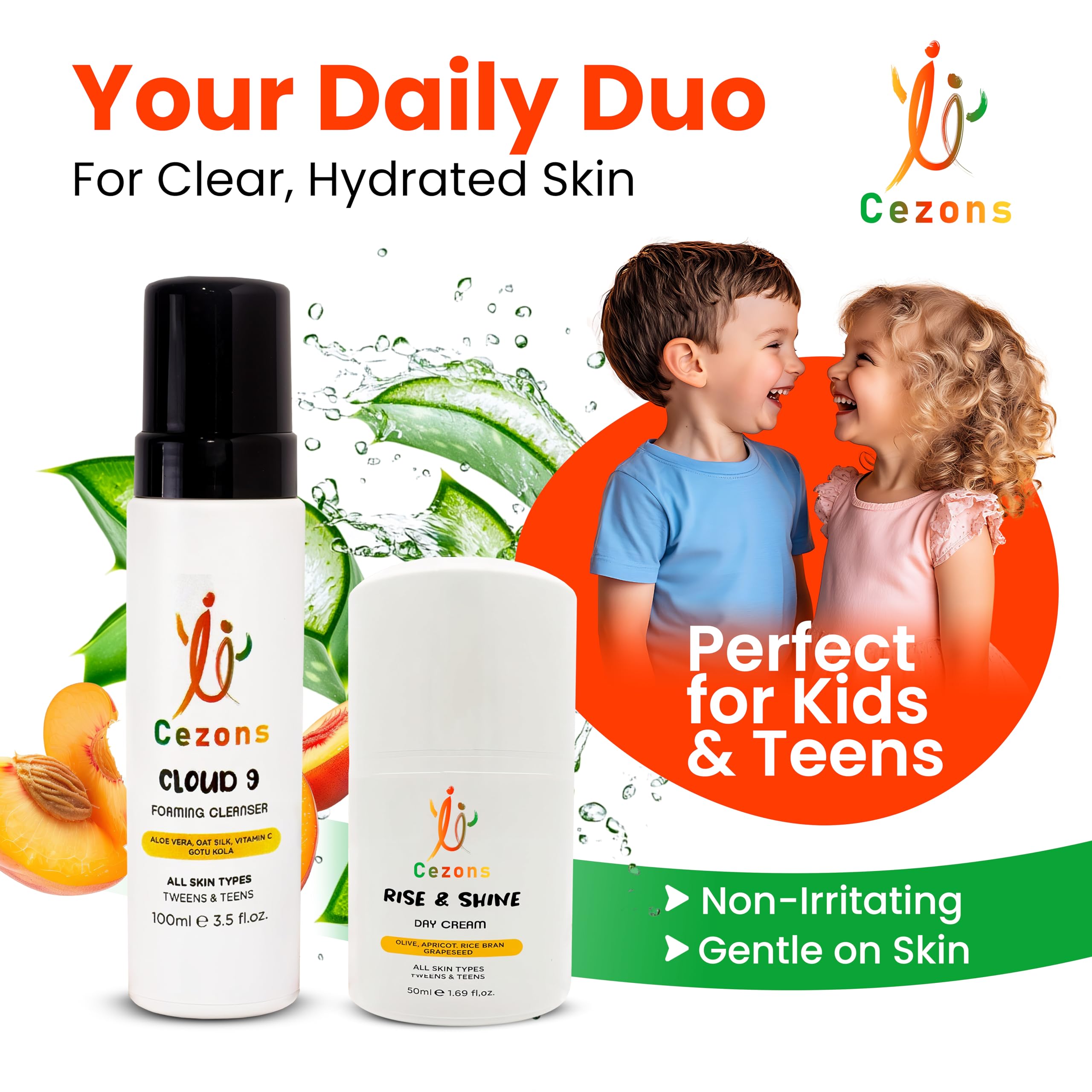 Cezons Cleanser & Face Cream Skincare Set for Kids and Teenagers - Made in UK - 100ml and 50ml, White, 150 ml (Pack of 1) - Image 2