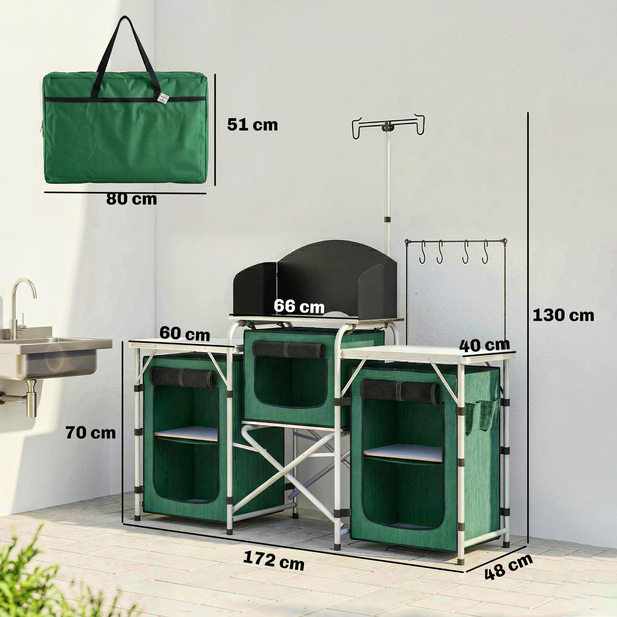 Outsunny Mueble Cocina Camping Armario Camping Plegable con Mesas Armarios Ganchos Estructura de Aluminio Poste de Luz Ajustable Paravientos y Bolsa de Transporte para Acampada 172x48x130 cm Verde