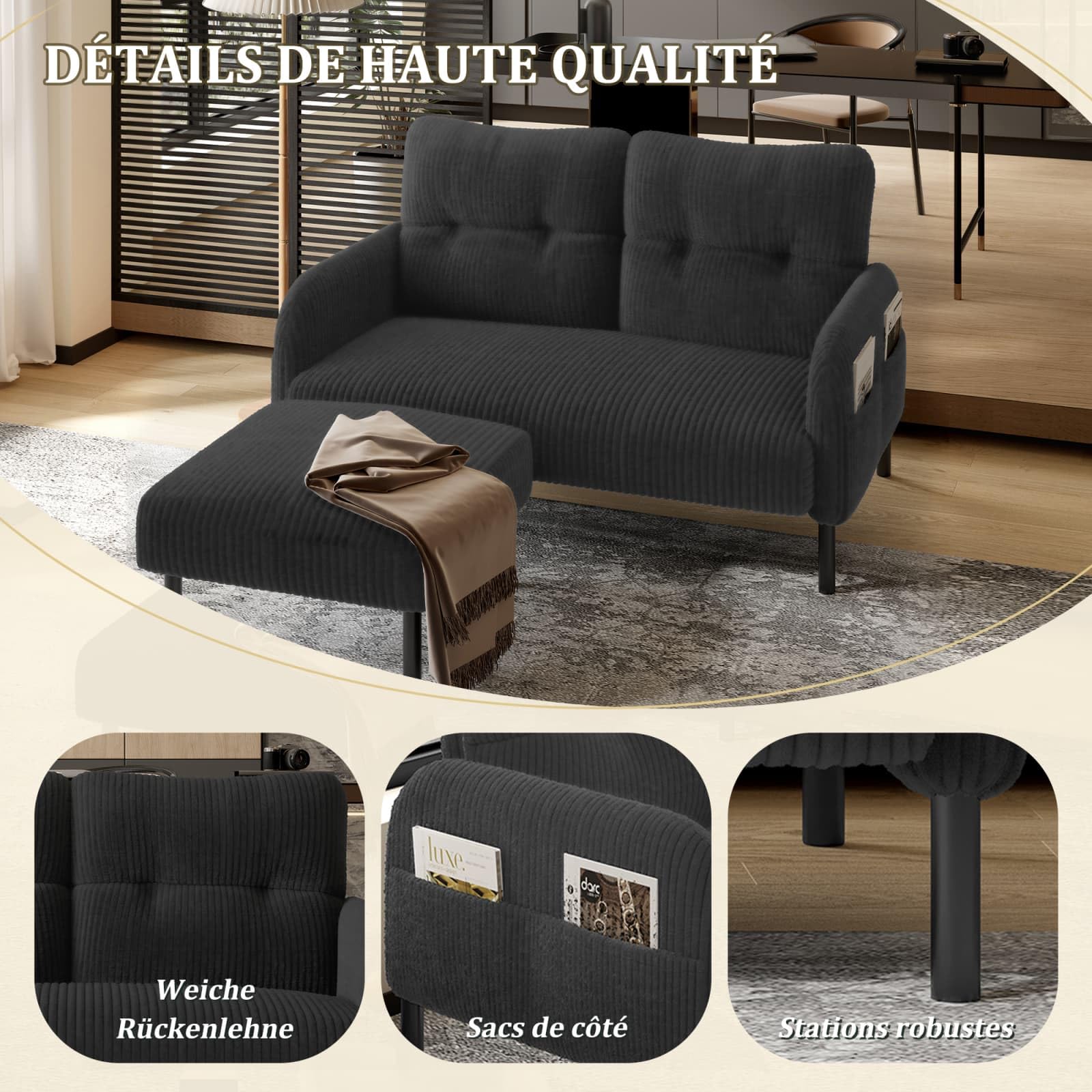 KOMHTOM Piccolo divano a 2 posti in velluto a coste con schienale alto comodo, 4 tasche e gambe in metallo, moderno divano angolare per soggiorno, camera da letto e ufficio (grigio - 2 posti)