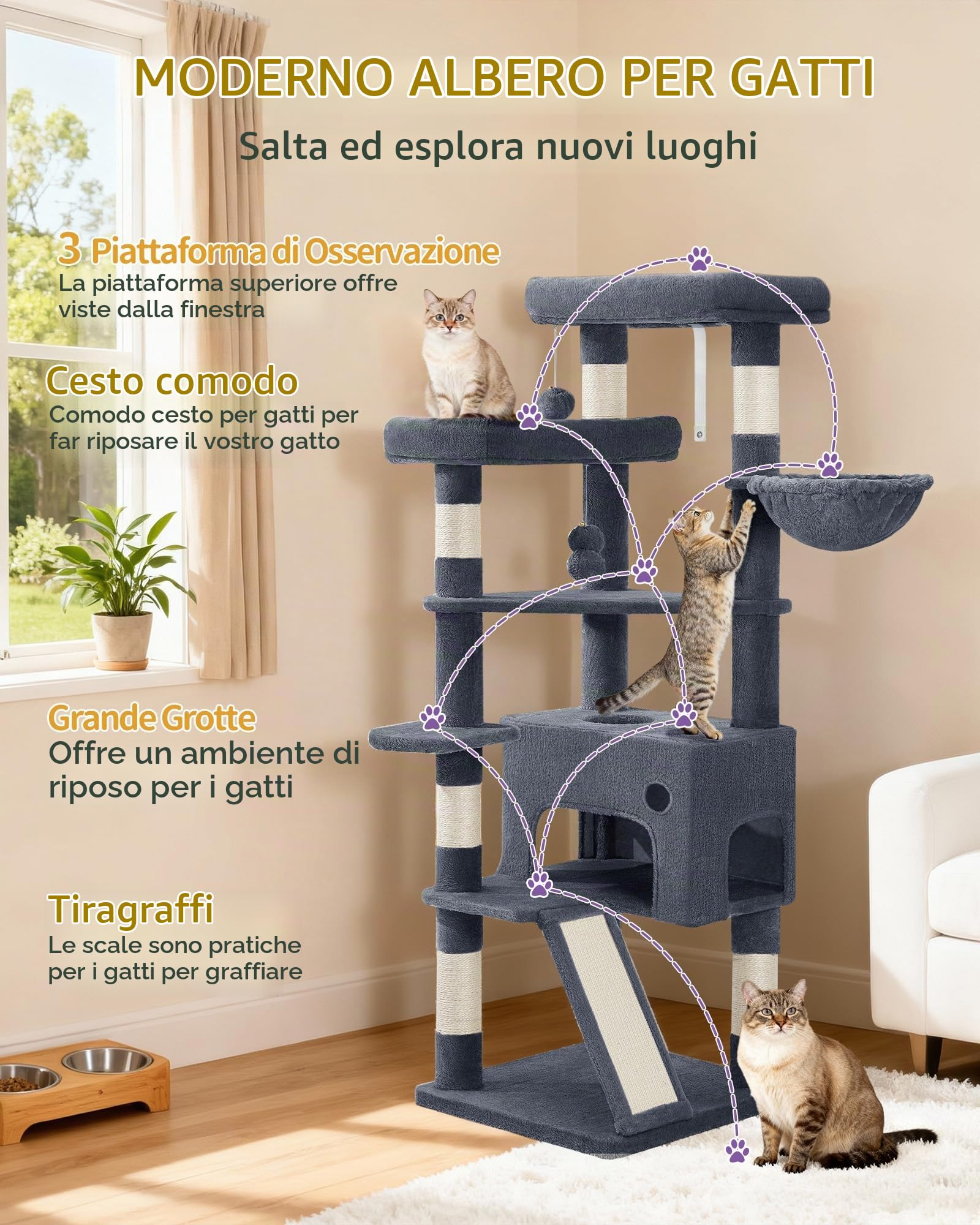 Hzuaneri Tiragraffi per Gatti, 153 cm con 6 Pali Graffiatoi, 1 Ampia Grotte, 3 Grandi Piattaforme, Cestino, Palline di Peluche, Graffiatoio, Grigio Scuro MS15418SG
