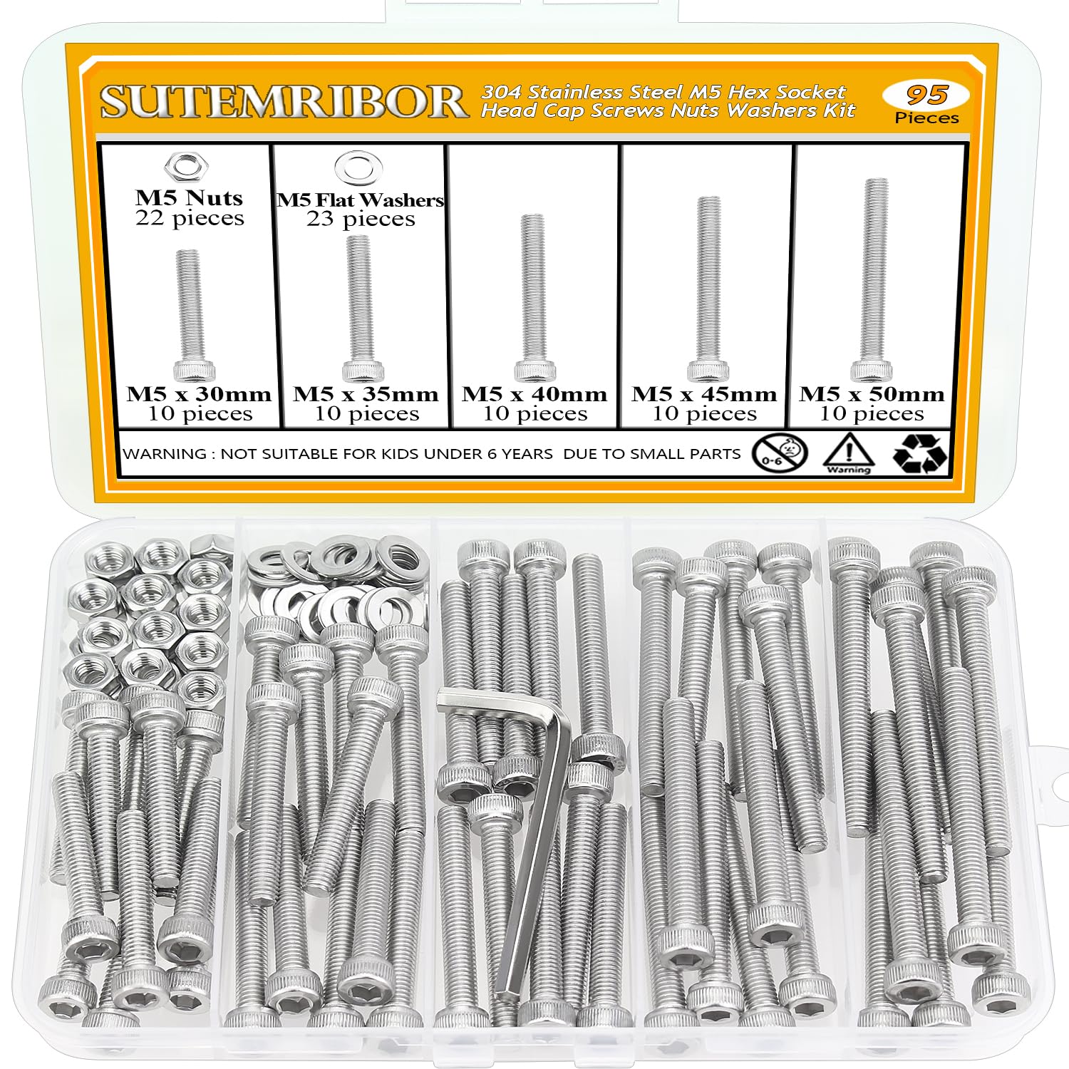 95 Pieces M5 x 30/35/40/45/50mm Hex Socket Head Cap Screws Nuts Washers Set Silver, Sutemribor M5 Long Screws, M5 Stainless Screws Nuts Washers