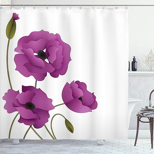 Miniatura 1 de Ambesonne Cortina de ducha floral, flores de amapola, pétalos vívidos, brotes de pureza pastoral, diseño de madre tierra y naturaleza, juego de
