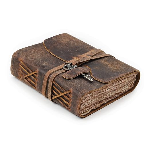 LEATHER VILLAGE Leather Journal Key Lock, Distressed Brown 6x4.