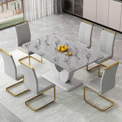 Miniatura 25 de Moderno juego de mesa de comedor de mármol sintético blanco para 4, 5 piezas rectangulares y 4 sillas tapizadas de piel sintética, mesa de comedor