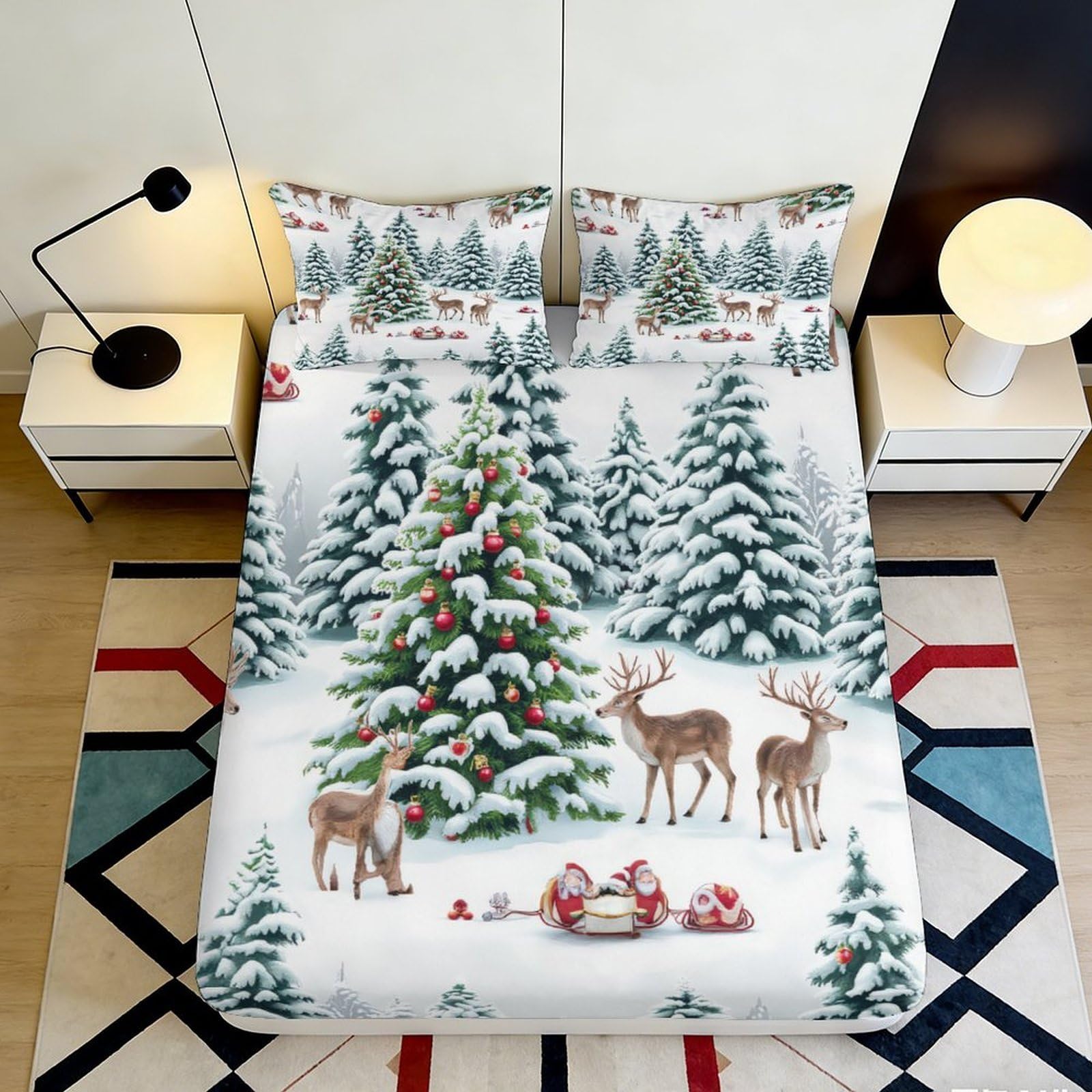 3D Printed Snowy Christmas Tree Fitted Sheet Microfiber Soft Reindeer Scene Mattress Cover for Bedroom Guest Room Decor 90x200x25cm