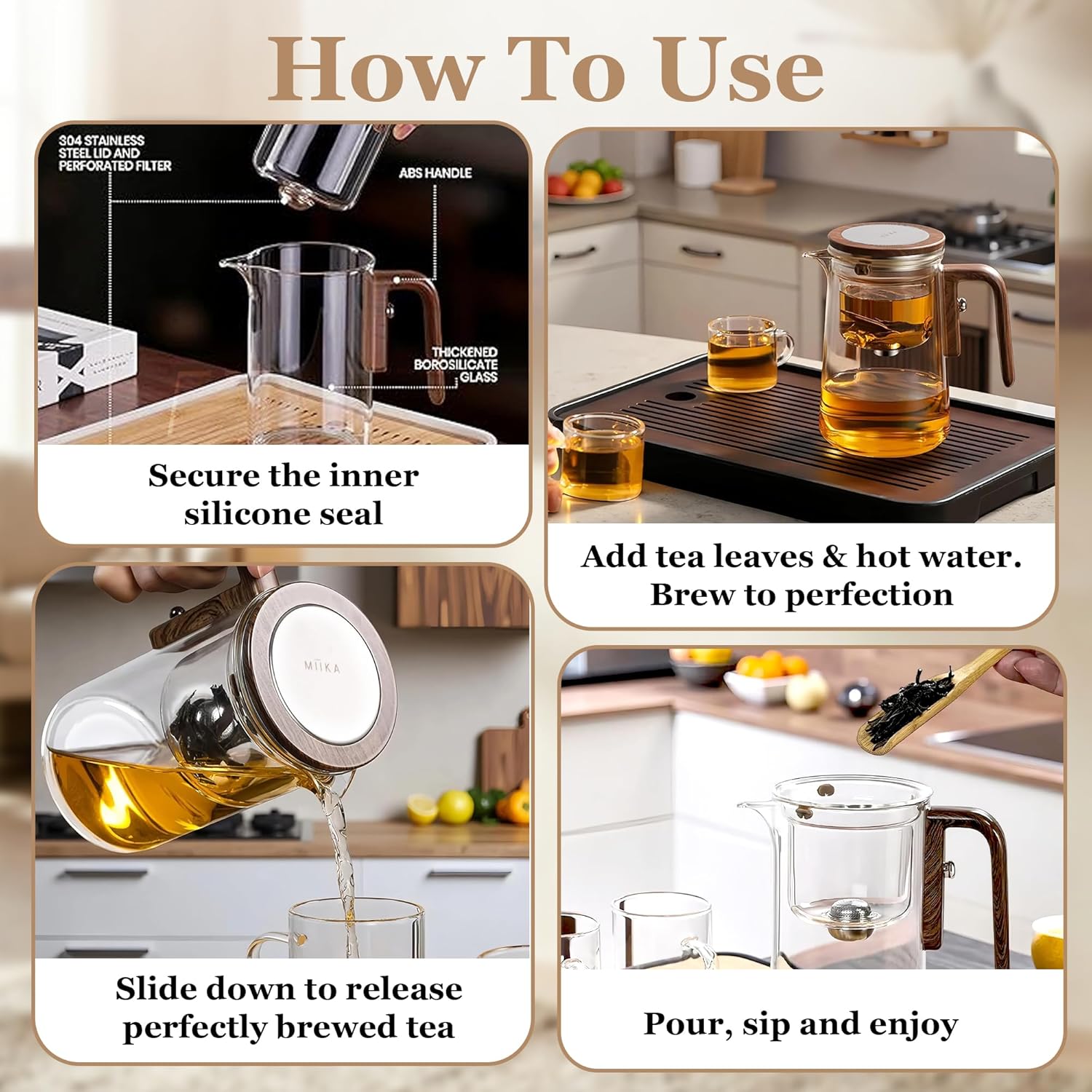MIIKA Magic Glass Tea Pot with Infuser for Loose Tea – Bottom Dispense Stainless Steel Strainer, Borosilicate Glass, Elegant Tea Scoop, Protective Base and Drip-Free, Easy-to-Clean Design