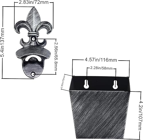 Miniatura 4 de Fleur De Lis - Abridor de tapas de cerveza montado en la pared, abridor superior de botellas de soda con captador de tapa, drenaje plateado antiguo