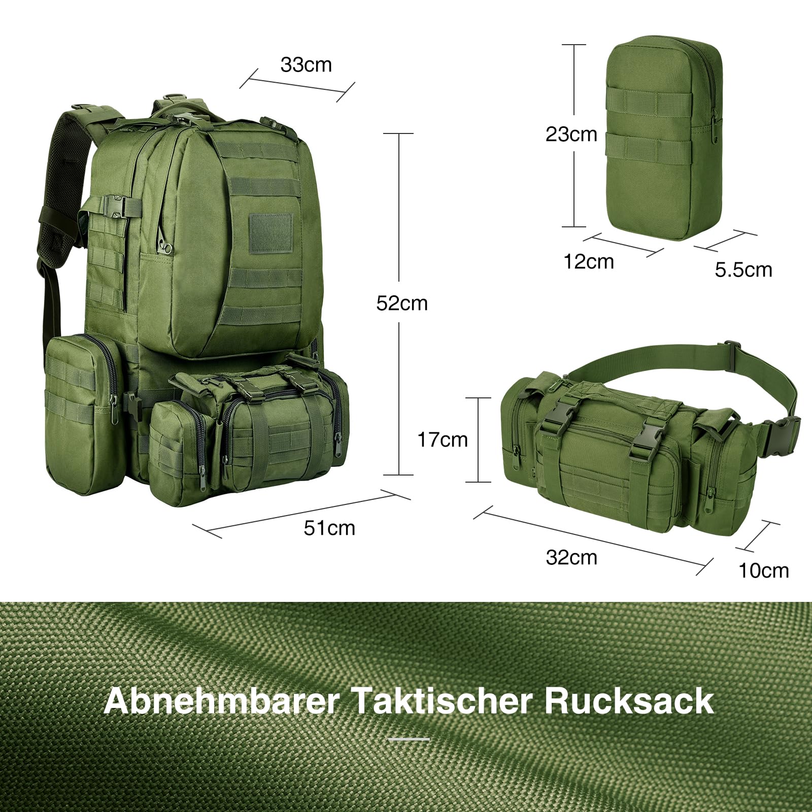 Zaino tattico militare da 60 l, grande zaino di sopravvivenza Molle, per uomo e donna, borsa rimovibile per esterni, verde, 60L, Zaino daypack