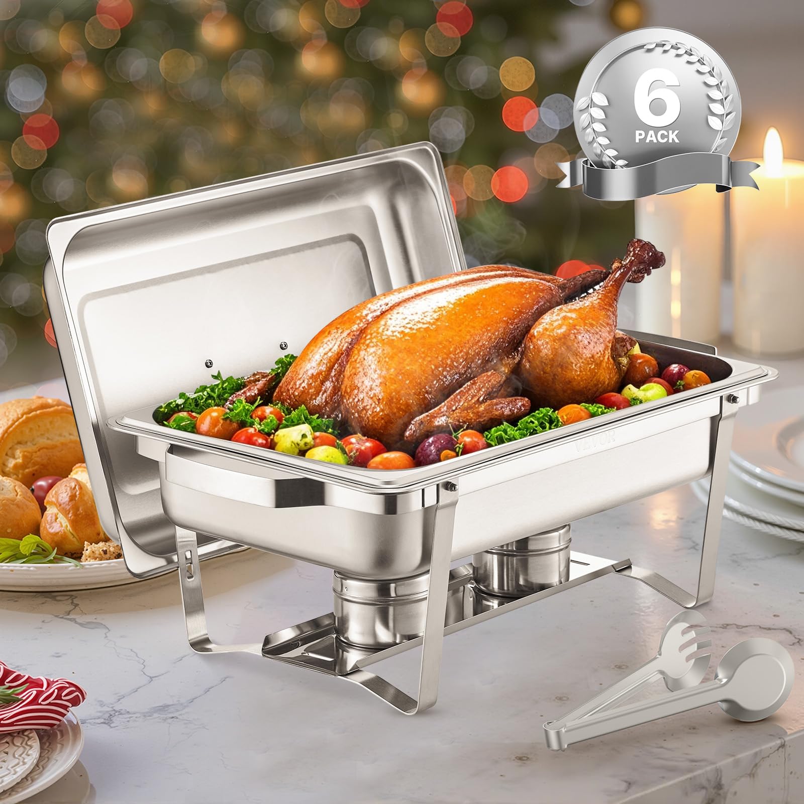 VEVOR Chauffe-Plat 6PCs 7,5 L, Buffet Chauffant Rectangulaire, Réchaud en Acier Inoxydable, avec 6 Bacs Pleine Taille et Couvercle, pour Buffet Libre-Service Hôtel Traiteur Restauration, Argenté