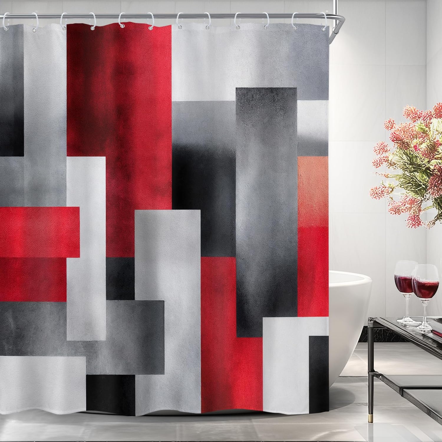 Riyidecor 4PCs Black Red Shower Curtain Bathroom Set with Non-Slip Rugs, Toilet Lid Cover and Bath Mat Abstract Minimalist Geometric Waterproof 12 Pack Hooks 72x72 inch Neutral Shower Curtain Decor