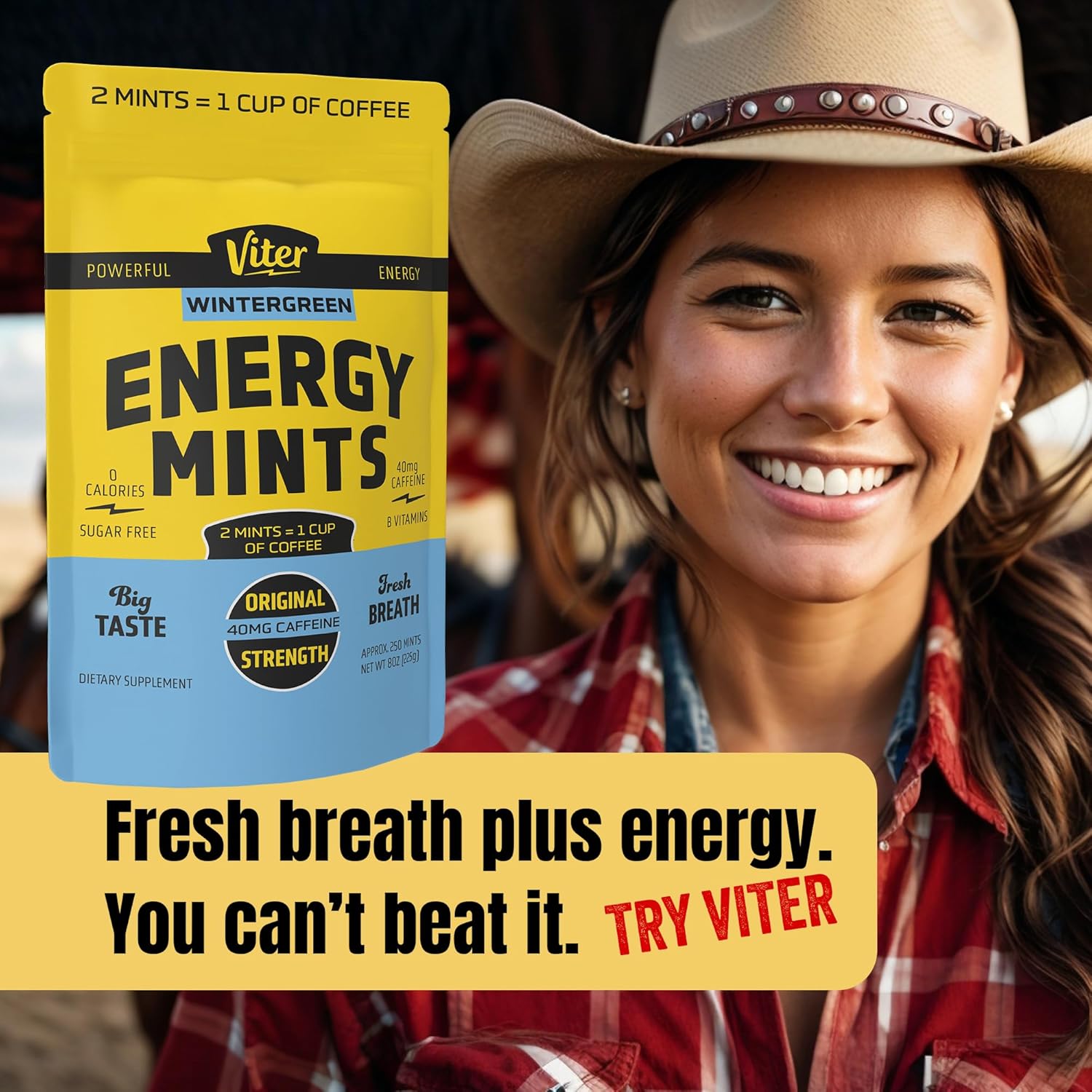 Viter Energy 40mg Caffeine Mints - Sugar Free, B Vitamins, Vegan, Boosts Fast Energized Alert Focus, Caffeinated Nootropic Supplement Pills (Wintergreen Flavor, 8oz, Bulk Bag)