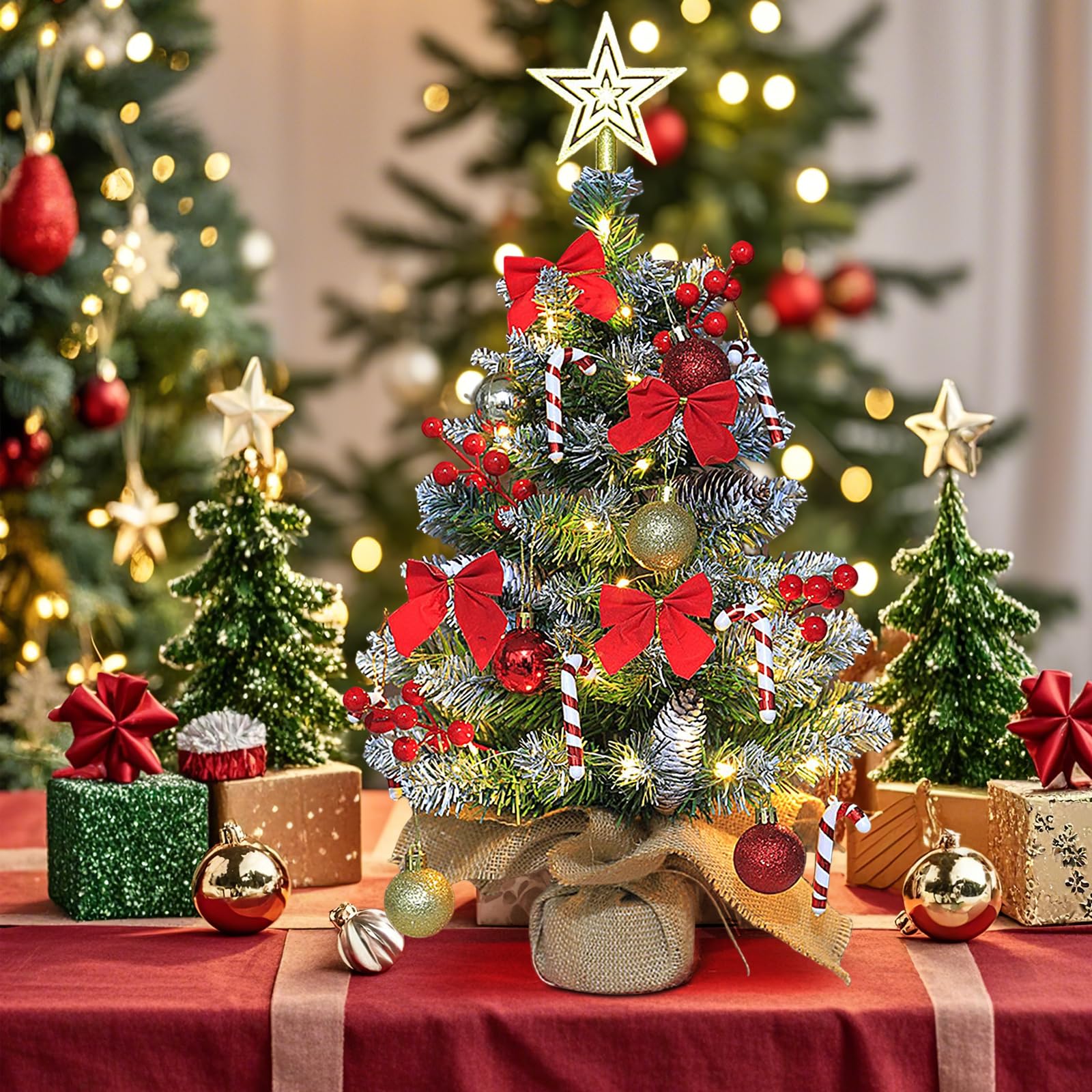 Mini Albero di Natale Artificiale,60cm Albero di Natale Decorato Artificialmente con illuminazione a LED,Fogliame Folto e Realistico In PVC,Base In Juta,per Feste,Festival,Tavoli da Pranzo