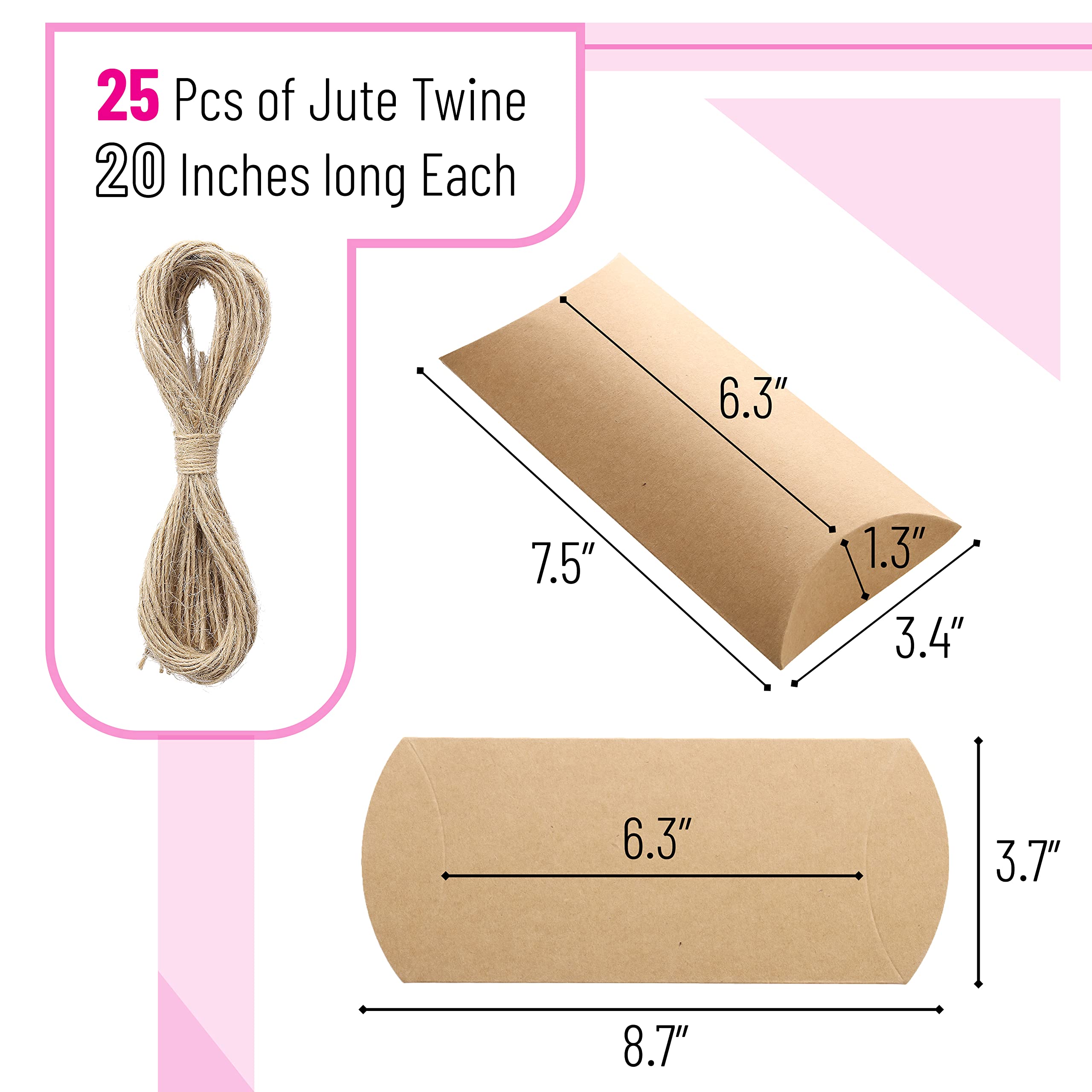 Mr. Pen Kraft Pillow Boxes, 6.3x3.4x1.3 in, 25 Pack with Jute Twines, Kraft Gift Boxes, Paper Boxes for Gifts