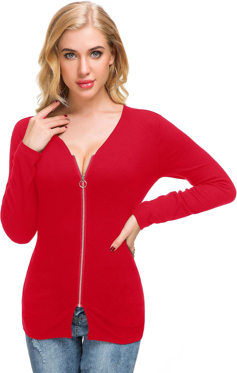 Afibi Women V Neck Zip Front Long Sleeve Casual Top Blouse Shirt/Cardigan