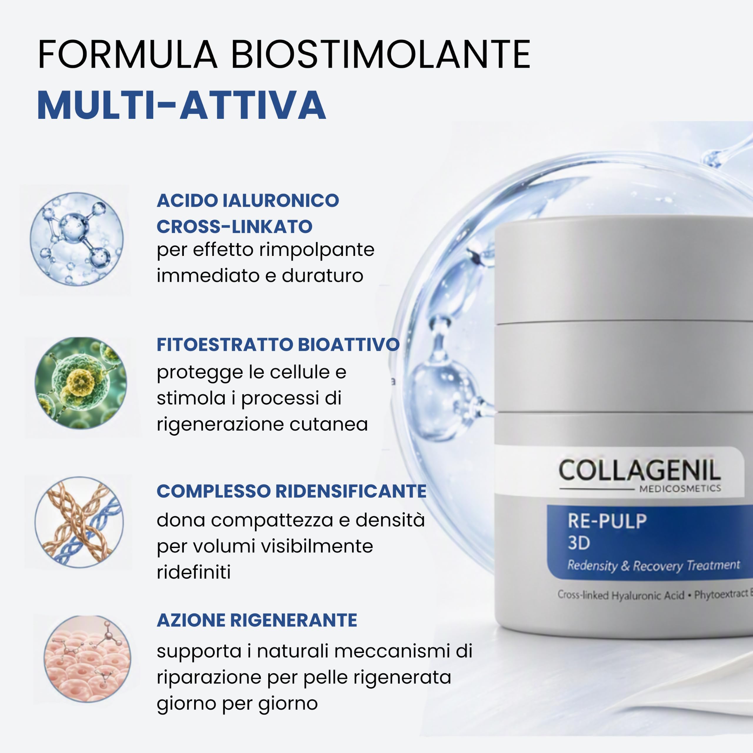 Collagenil Re‑Pulp 3D Anti‑Aging Gesichtscreme – Tages‑ und Nachtcreme mit Hyaluronsäure & Kollagen, aufpolsternd und straffend für Gesicht, Hals & Dekolleté, Made in Italy, 50 ml