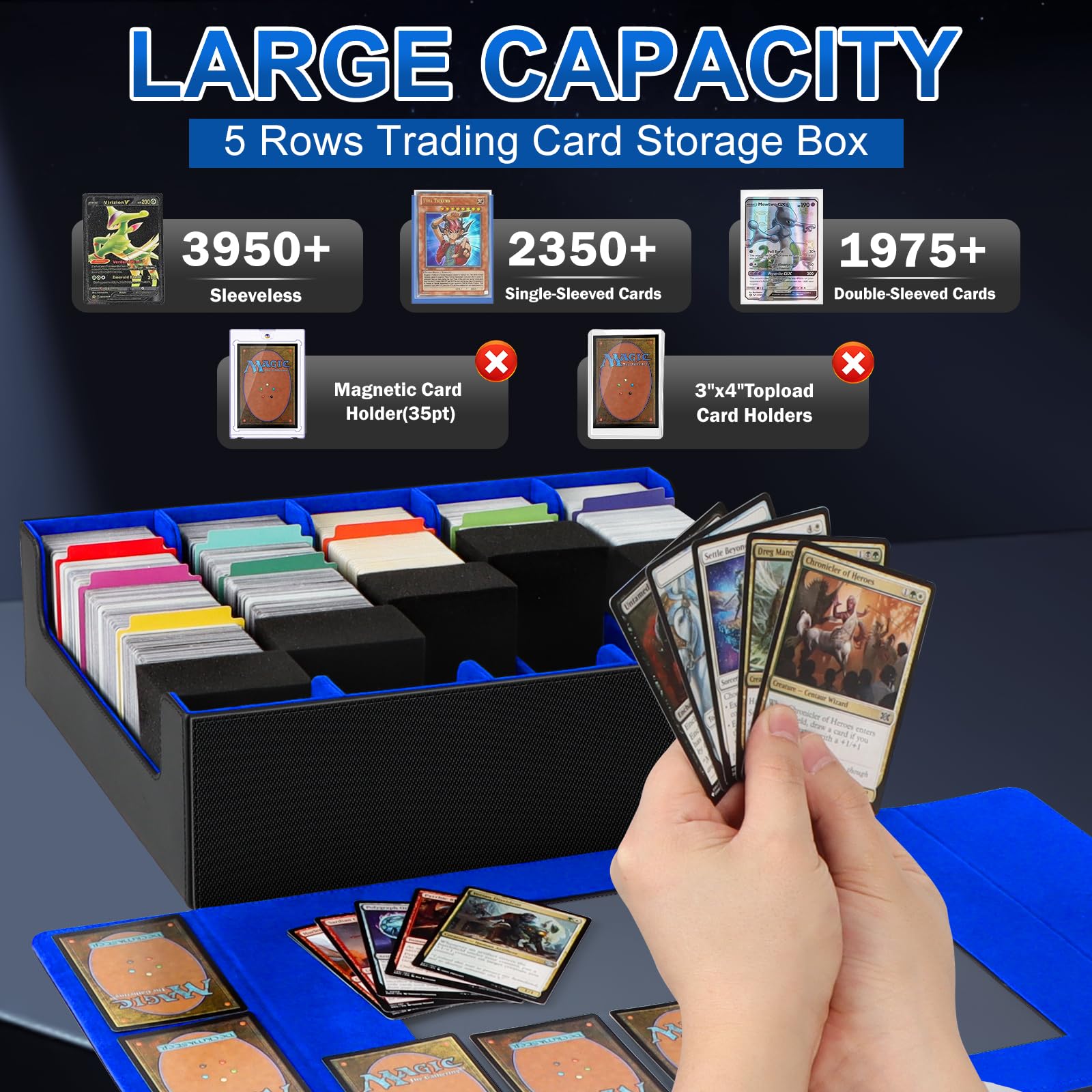 AOBOPLE Deck Box per Carte MTG Capacità di 3900+ Carte,Scatole per Carte Collezionabili con 48 Divisori Colorati e 5 Schiuma per TCG,YuGiOh,MTG,PTCG Car(Nero E Blu)