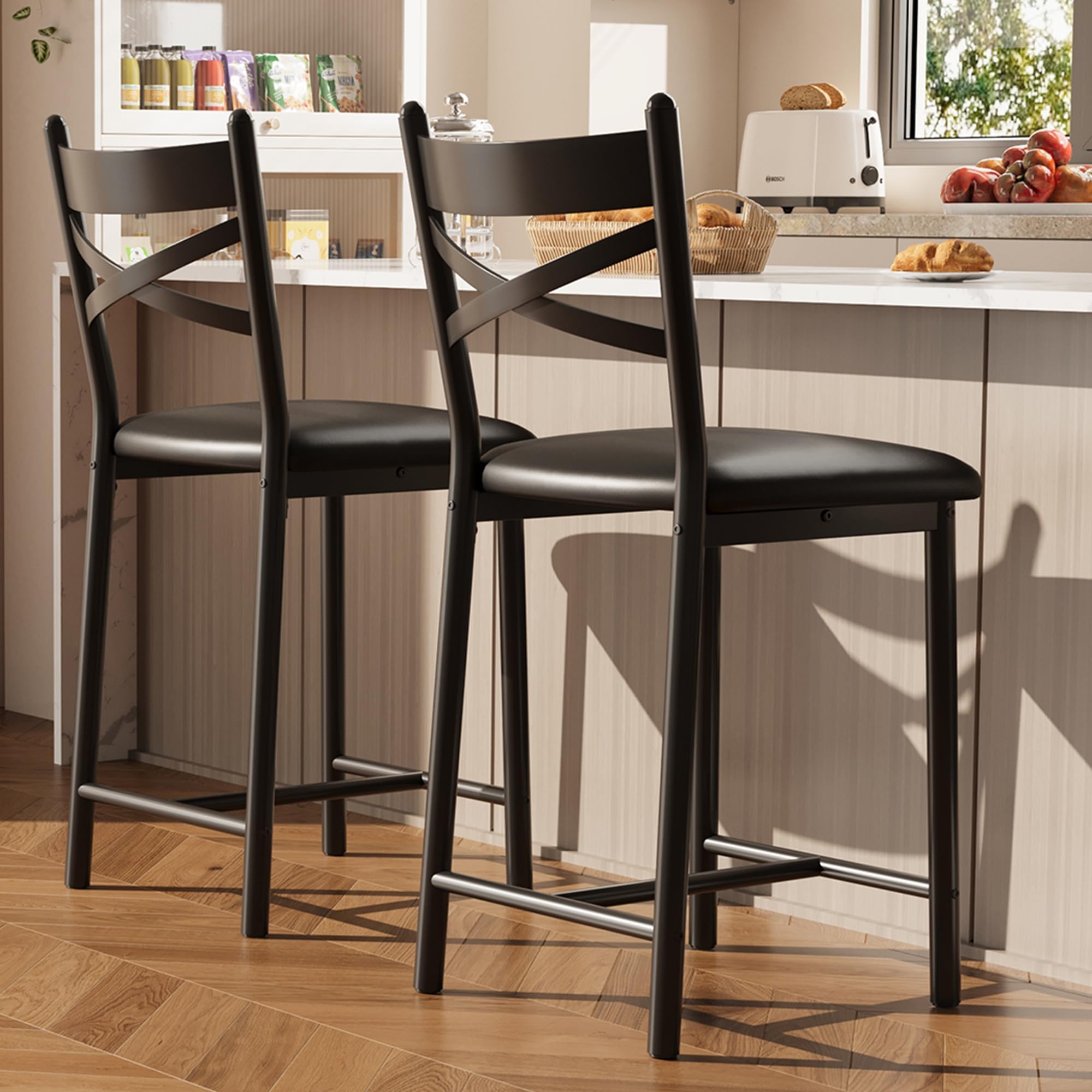 22" Bar Stools Set of 2, Counter Height Bar Stools with PU Upholstered Seat, Metal Frame Kitchen Bar Chairs with X-Design Back and Footrest for Kitchen Island, Counter Bar, Dining Room, Black